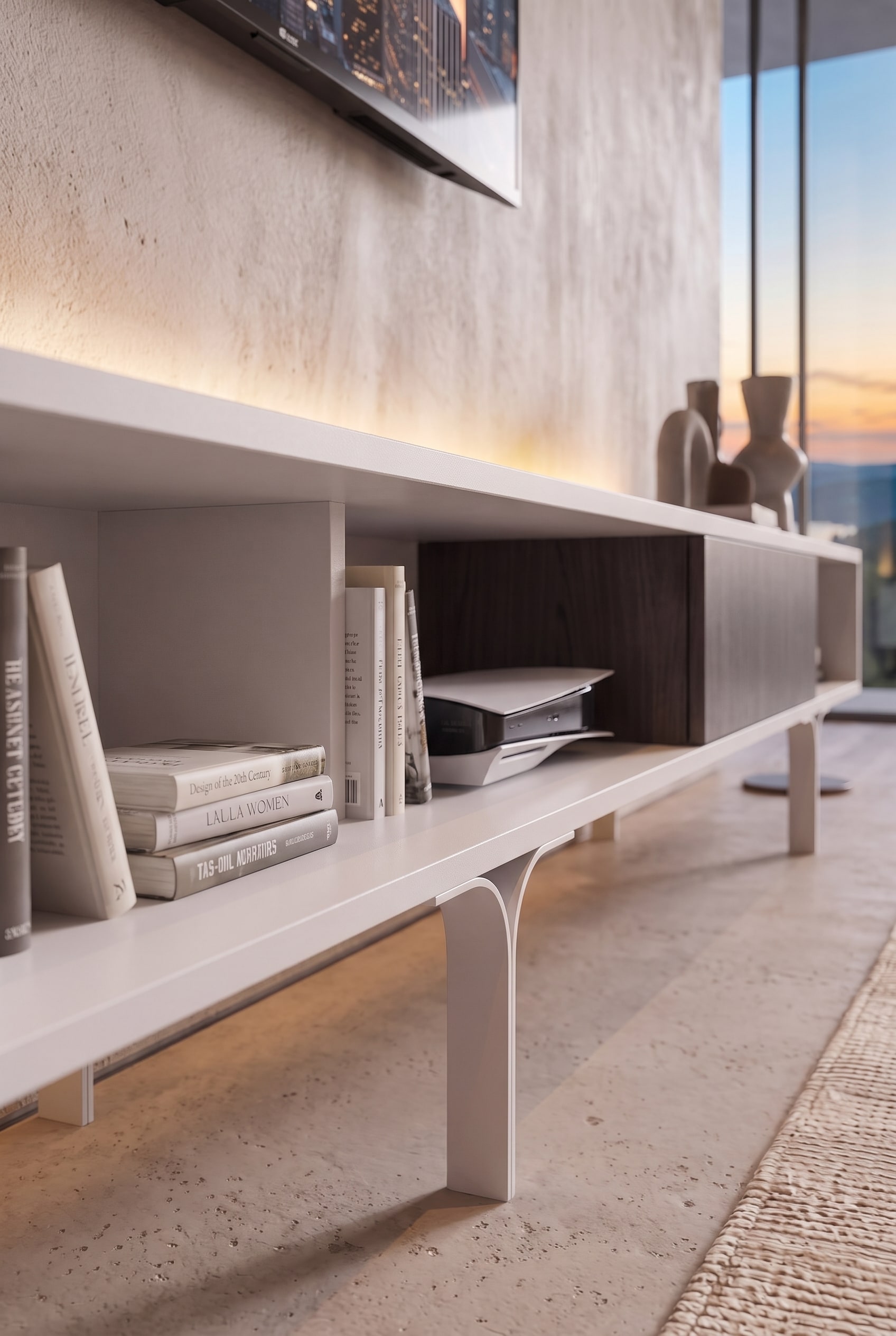 Gros plan d'un lowboard blanc avec des pieds filigranes, des livres et une porte coulissante sombre devant une grande baie vitrée.