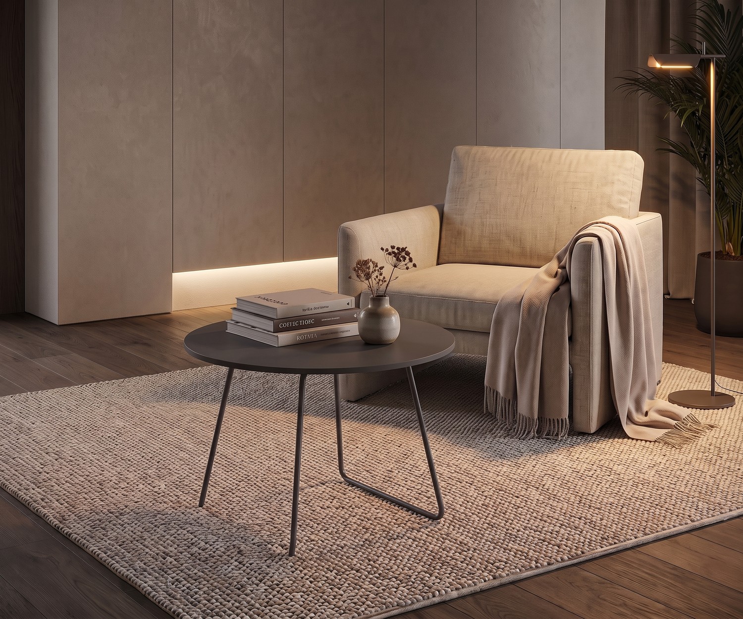 Table basse Novamobili Orbis comme table d'appoint de salon près d'un fauteuil, table ronde dans un design moderne
