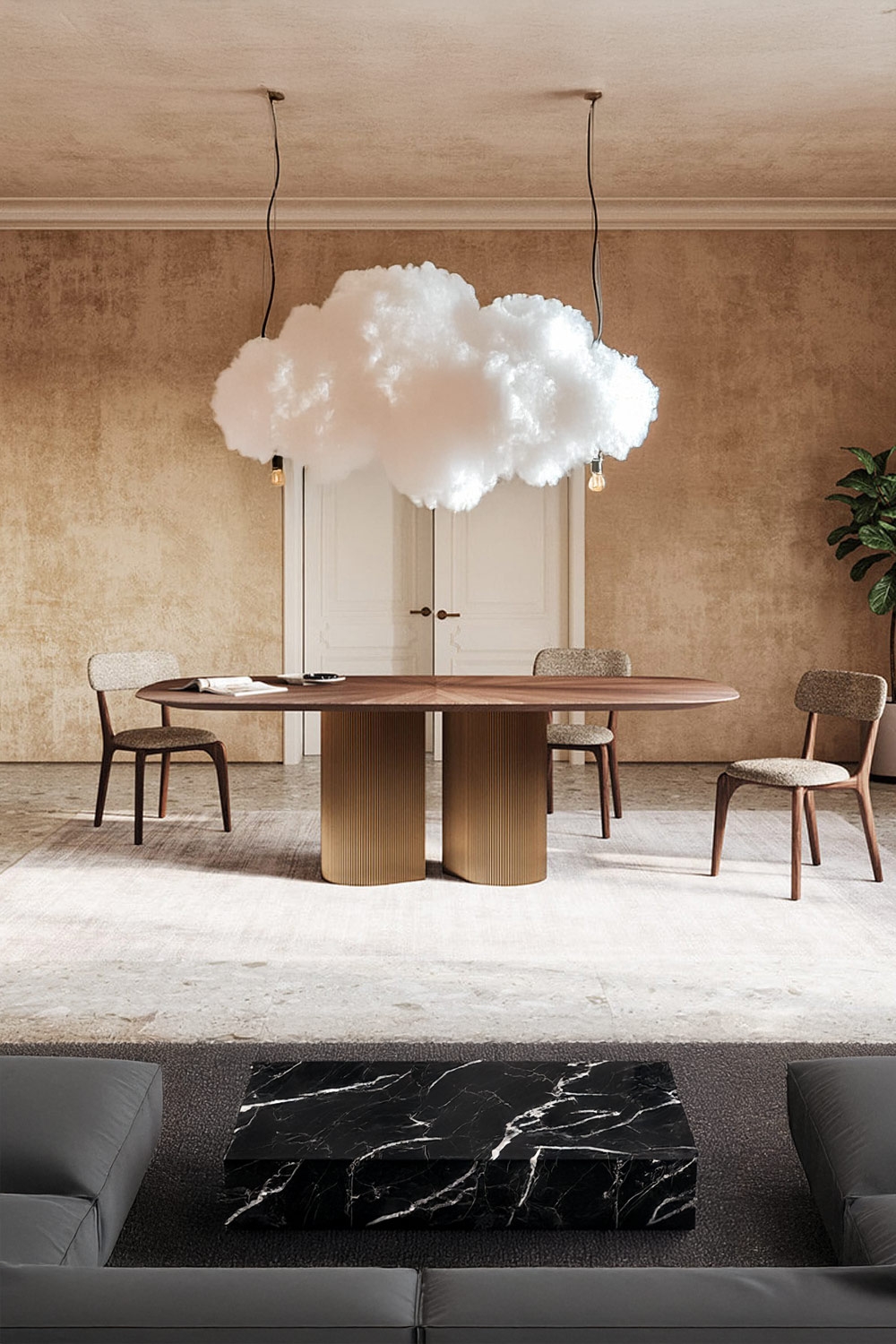 woonkamer-met-centraal-gepositioneerde-eettafel-in-ongewoon-design-en-klassieke-houten-stoelen