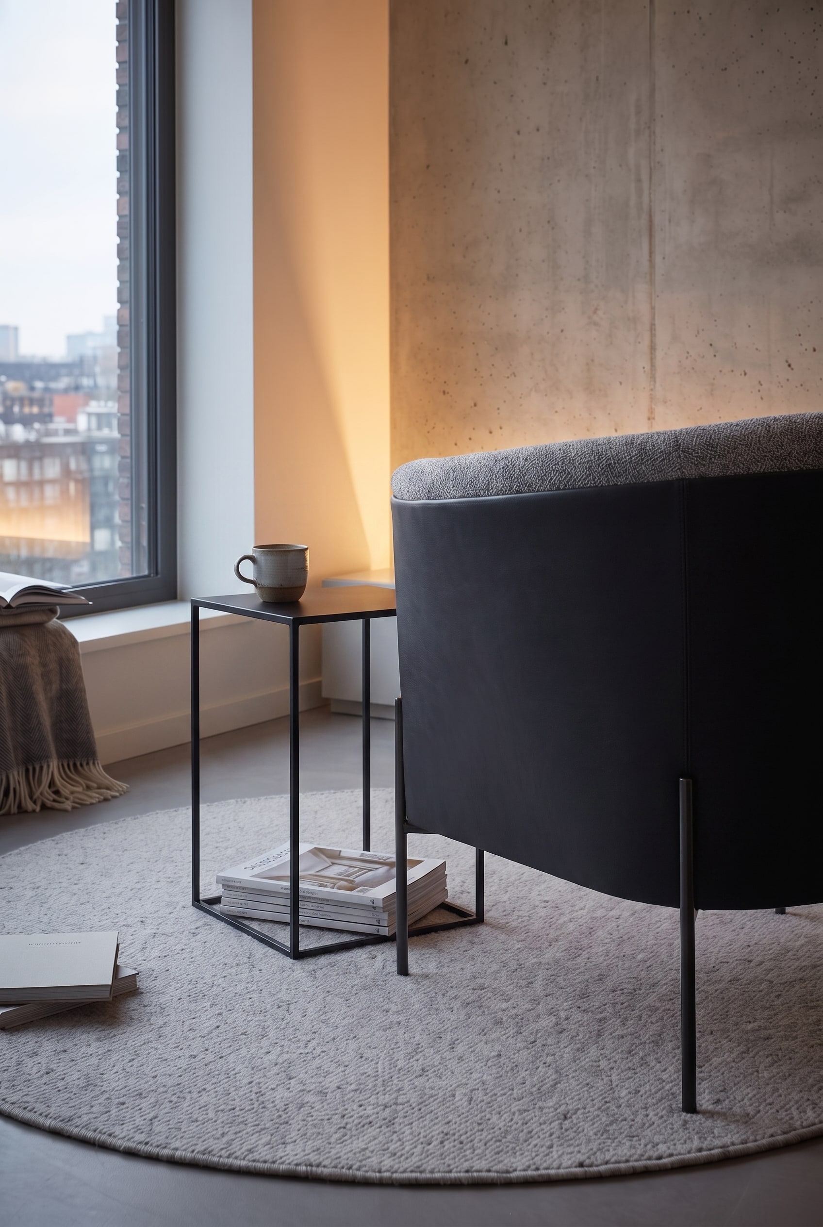 Table d'appoint gracieuse en m&eacute;tal avec tasse &agrave; caf&eacute; &agrave; c&ocirc;t&eacute; d'un fauteuil en tissu coup&eacute;, arrang&eacute;e sur le bord d'un tapis rond moelleux.