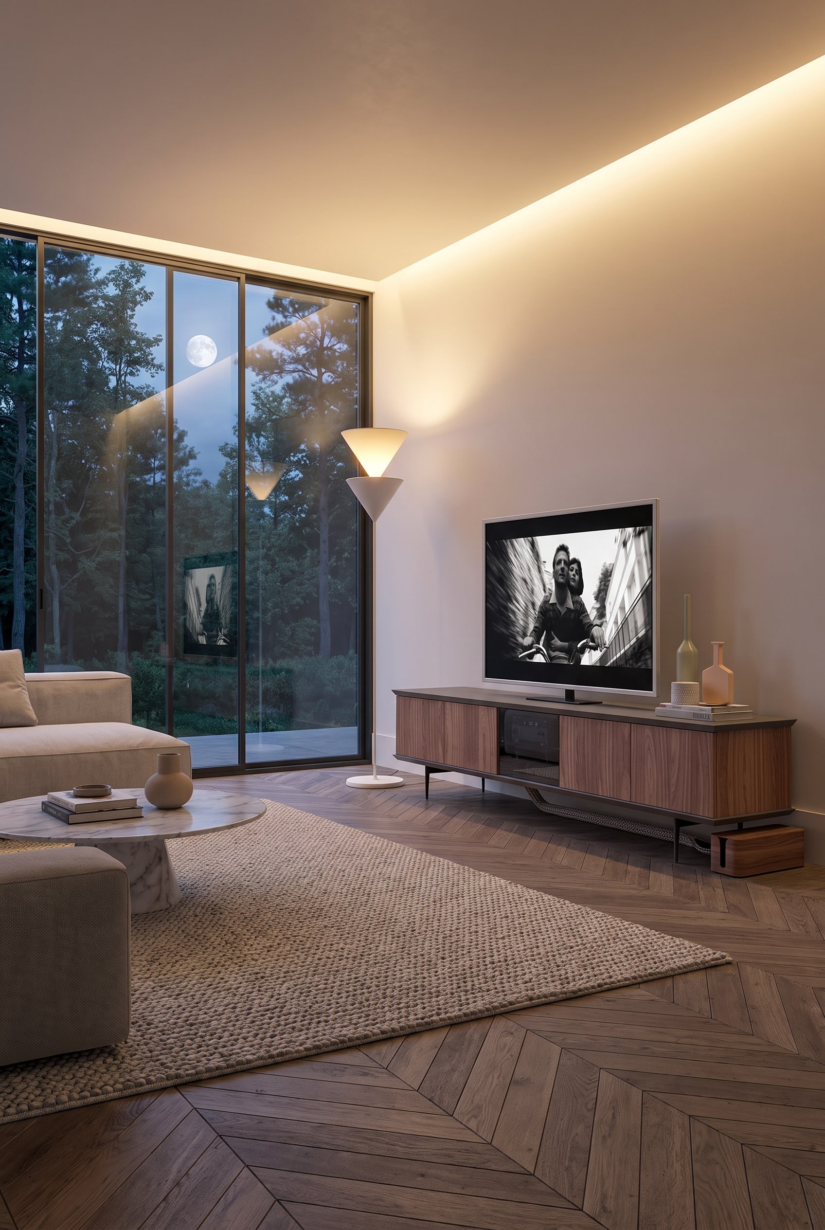 Meuble bas TV m&eacute;dia Ozzio Brera dans le salon avec gestion des c&acirc;bles &eacute;l&eacute;gante et invisible