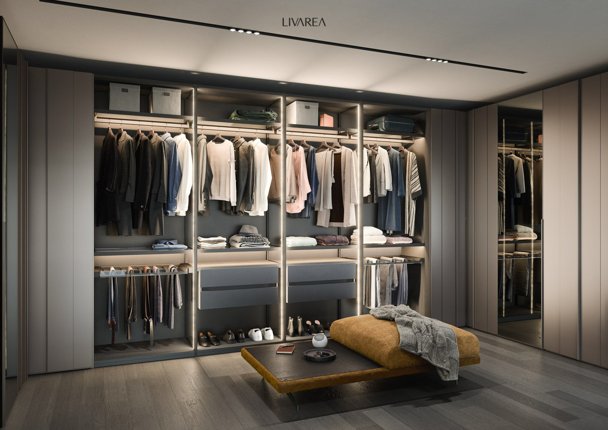 Luxueuses armoires encastrées en laque avec doubles tiroirs et portes miroir Luxueuses armoires encastrées en laque avec doubles tiroirs et portes miroir