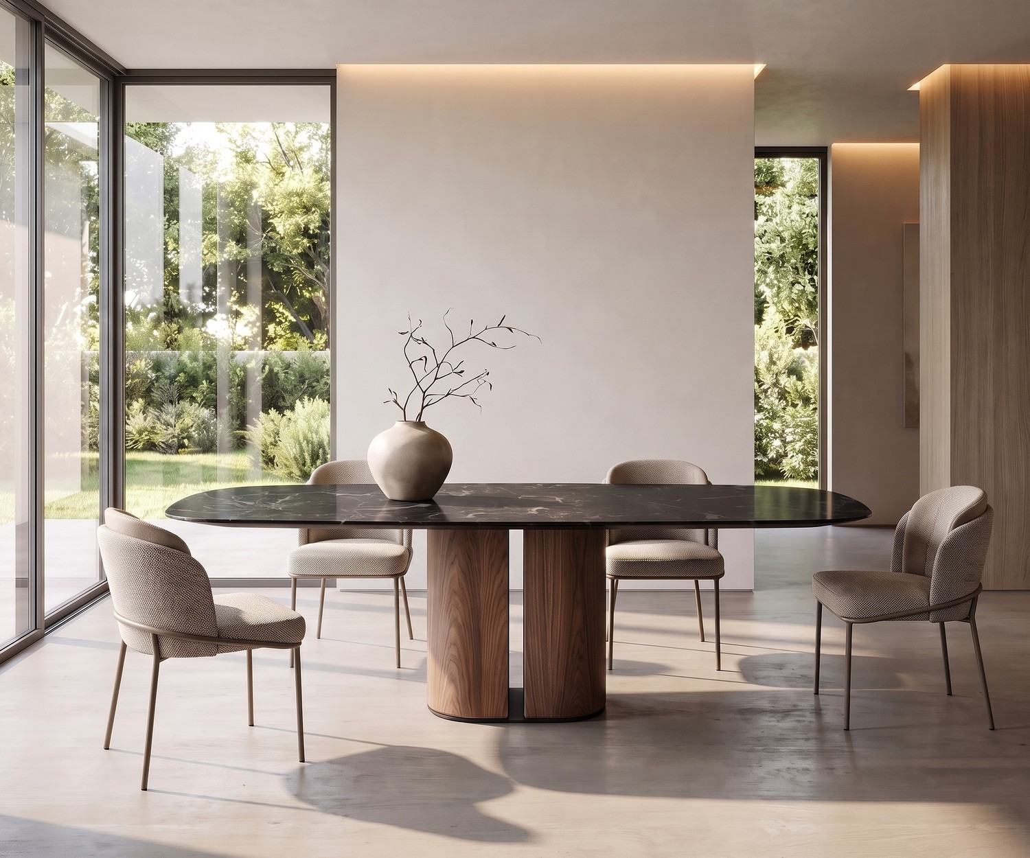 Ovale design eettafel al2 el-it c 001 met houten onderstel Eettafel al2 el-it c 001 met donker keramisch blad en houten onderstel in een minimalistische, lichte eetkamer.