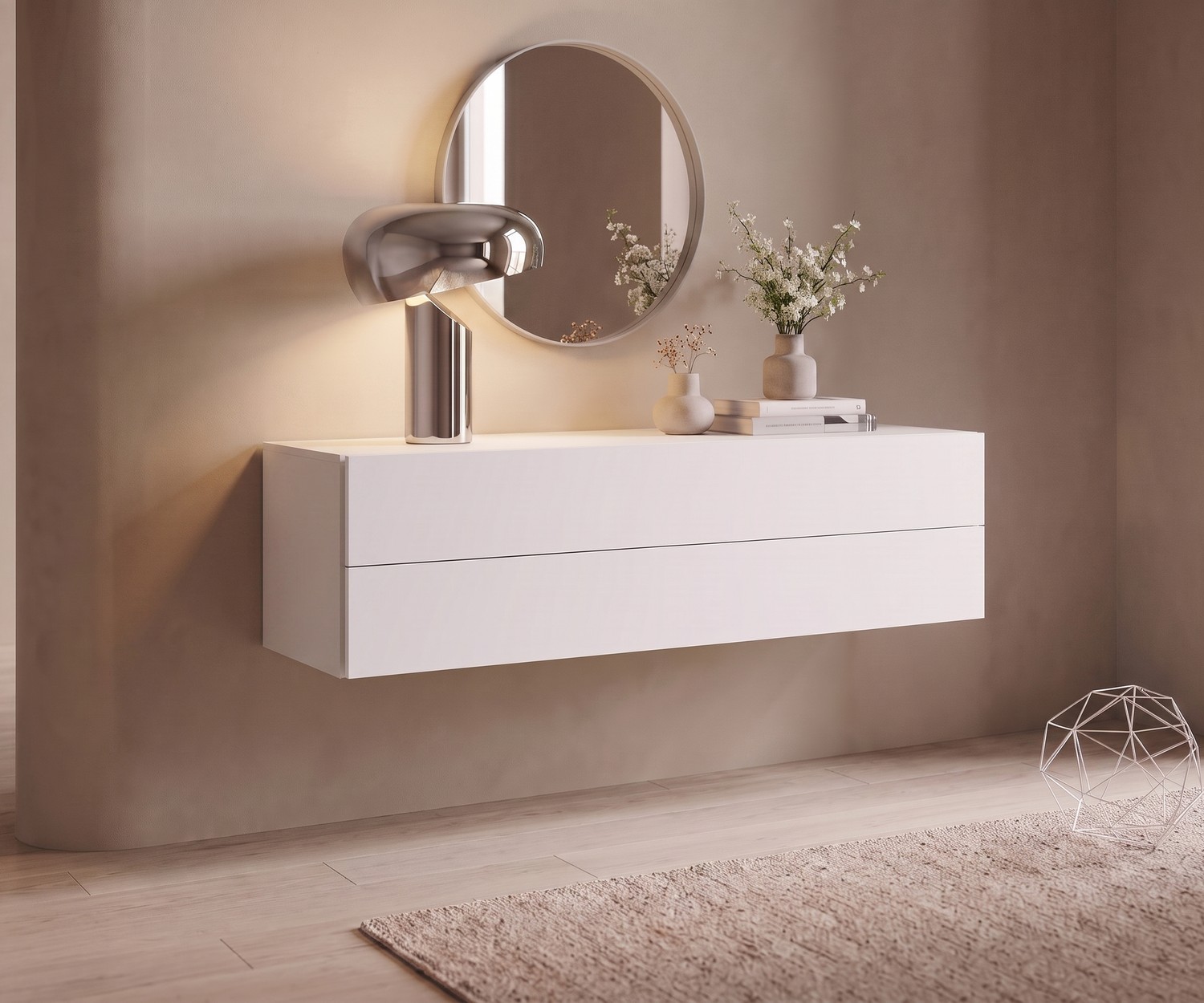 Commode suspendue Easy de Novamobili, buffet suspendu blanc moderne pour une entrée ou un salon au style minimaliste.