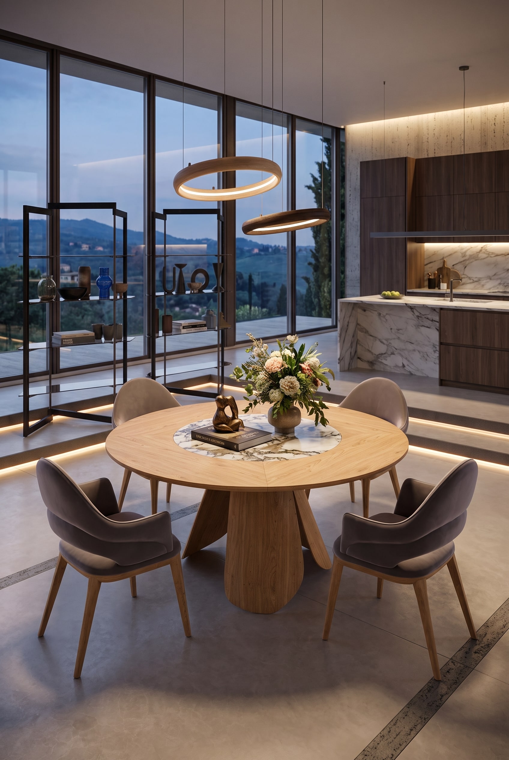 Salle &agrave; manger moderne avec une table &agrave; manger ronde et un pi&egrave;tement en bois sculptural et torsad&eacute;, accompagn&eacute;e de quatre &eacute;l&eacute;gantes chaises en velours