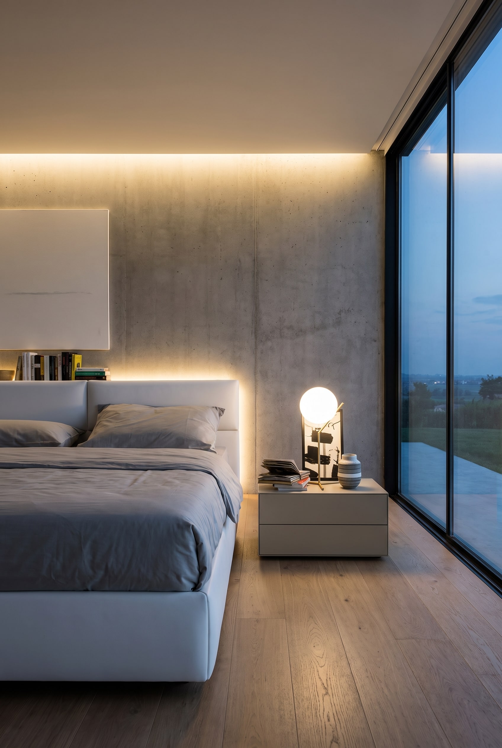 Chambre asym&eacute;trique avec une large table de chevet Livitalia Ecletto 2 tiroirs et un &eacute;clairage indirect