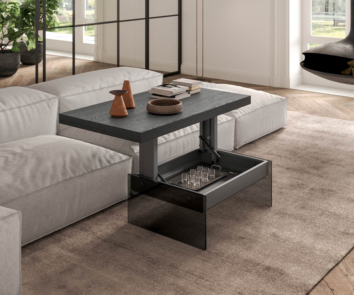 Plateau de table noir Bellagio Table basse de Ozzio fermée dans le salon Plateau de table noir Bellagio Table basse de Ozzio fermée dans le salon