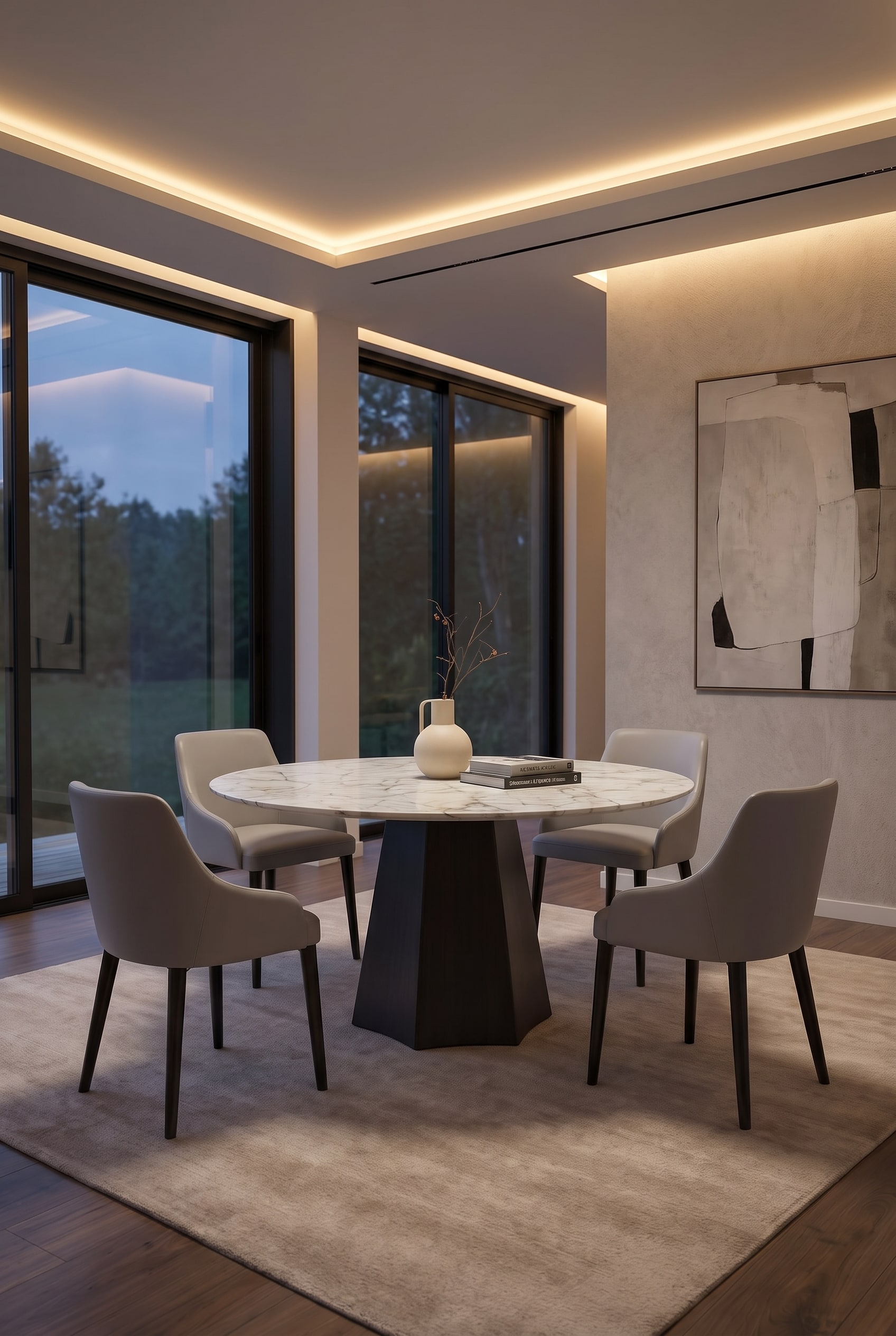 Salle &agrave; manger moderne avec table &agrave; manger en c&eacute;ramique sculpturale et fauteuils recouverts de cuir sur un tapis clair