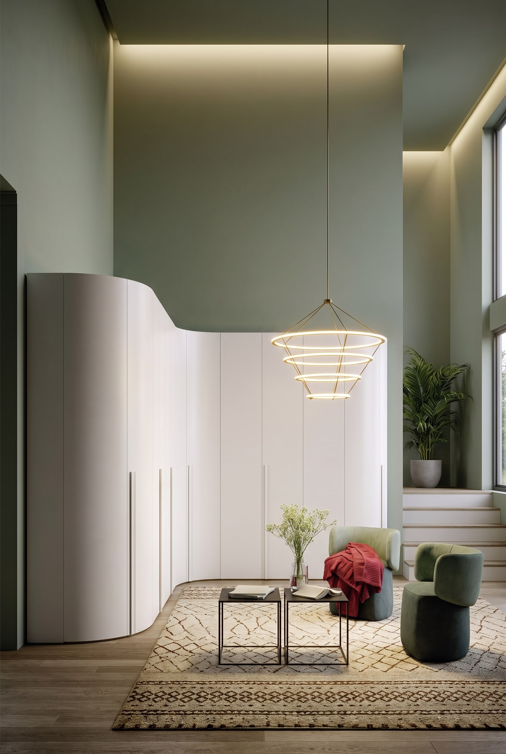 Armoire d'angle blanche légèrement incurvée dans une pièce haute, créant un effet spatial fluide et organique
