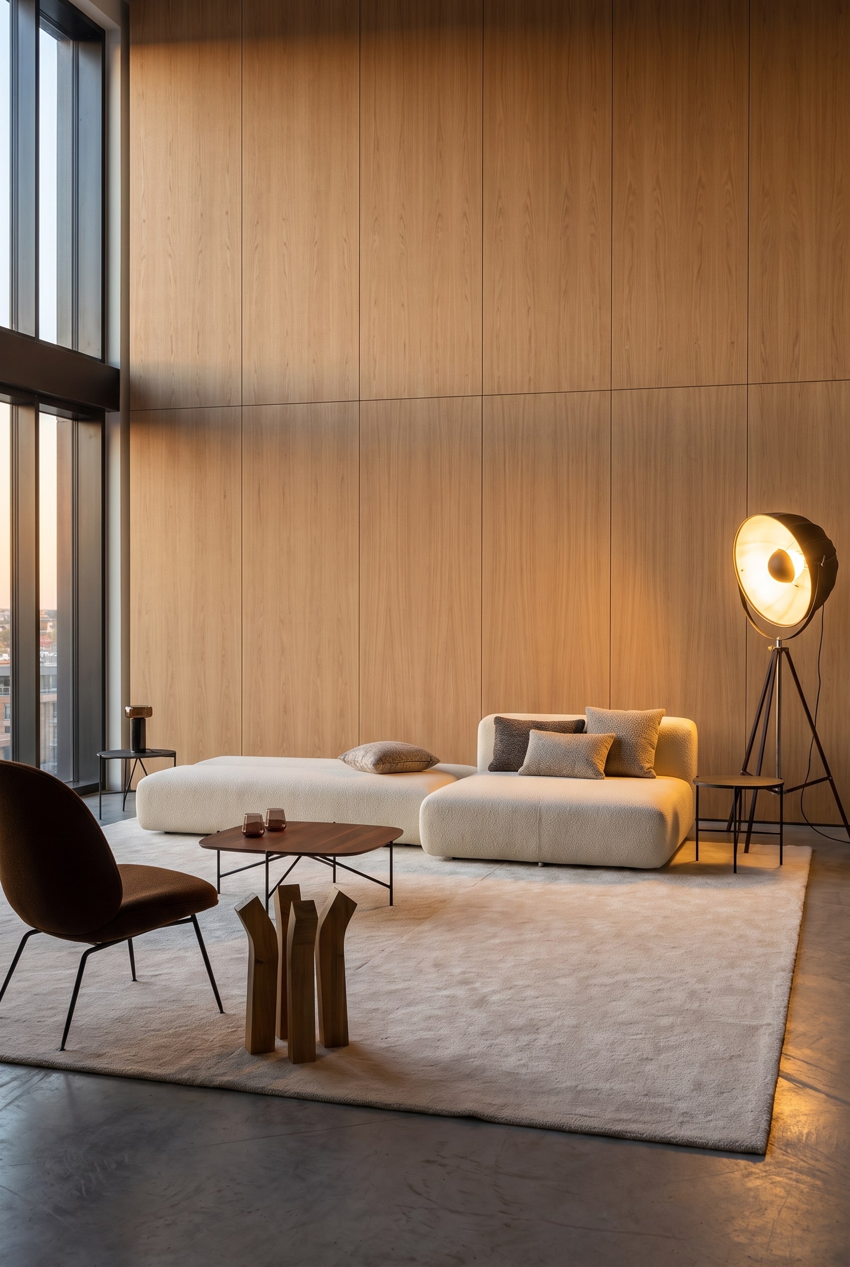 Canap&eacute; modulaire confortable en tissu clair avec des coussins joliment arrang&eacute;s, une table en bois et un &eacute;clairage chaleureux dans un style loft industriel