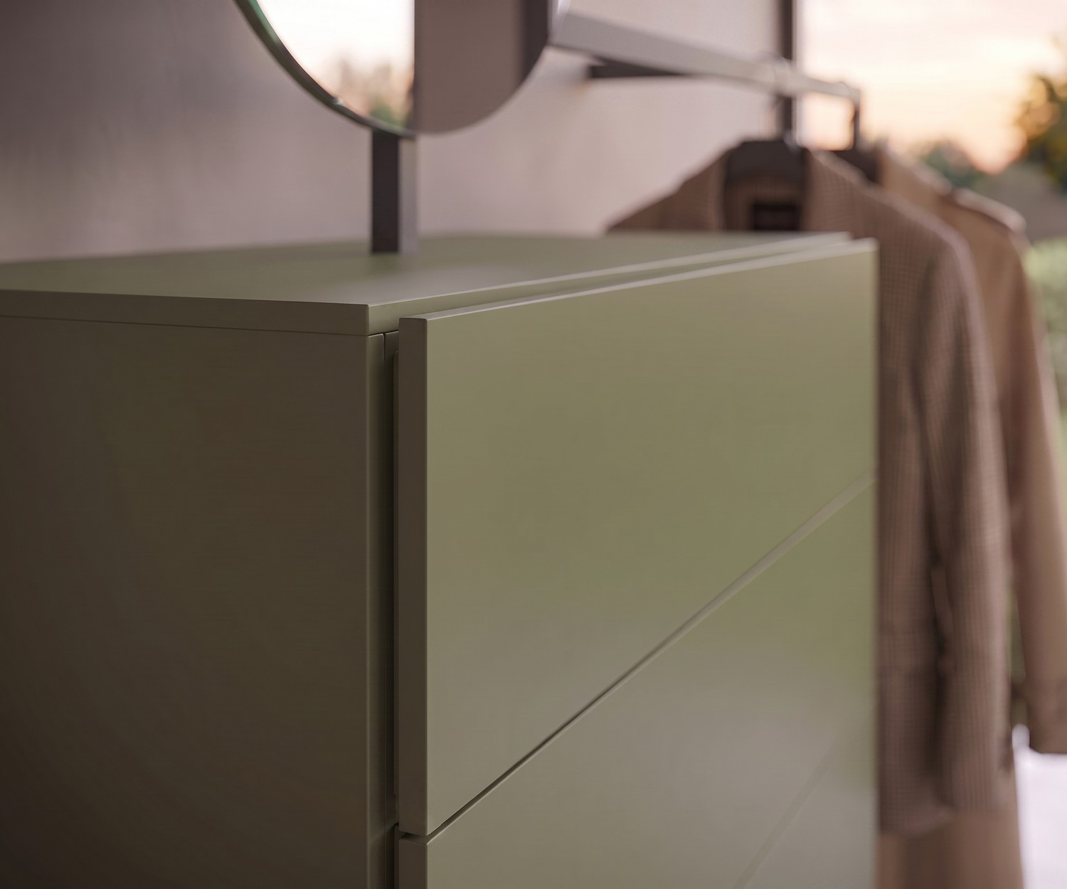 Commode Novamobili Easy 9 pour entrée et chambre, vestiaire moderne vert olive avec tiroirs et tringle à vêtements.