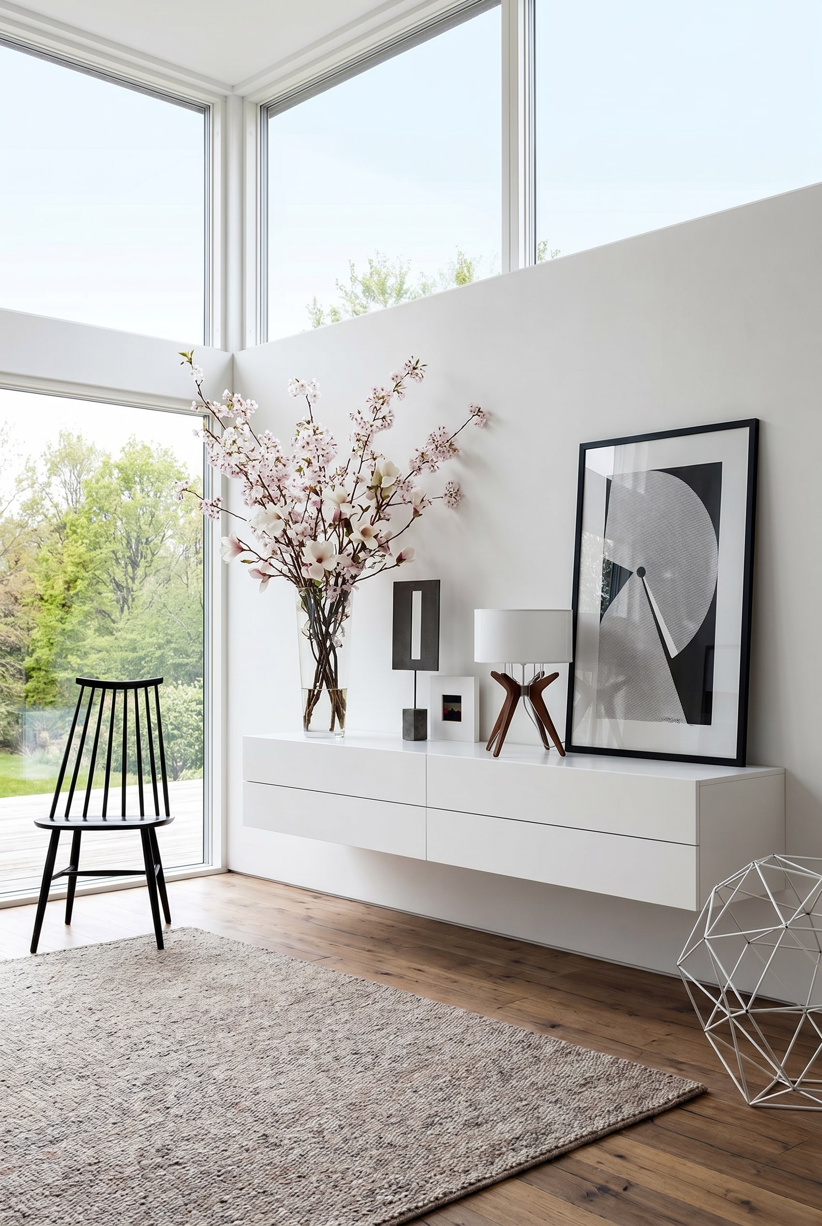 Un buffet moderne suspendu au mur dans une pièce lumineuse, avec un vase délicat de fleurs printanières dessus Un buffet moderne suspendu au mur dans une pièce lumineuse, avec un vase délicat de fleurs printanières dessus