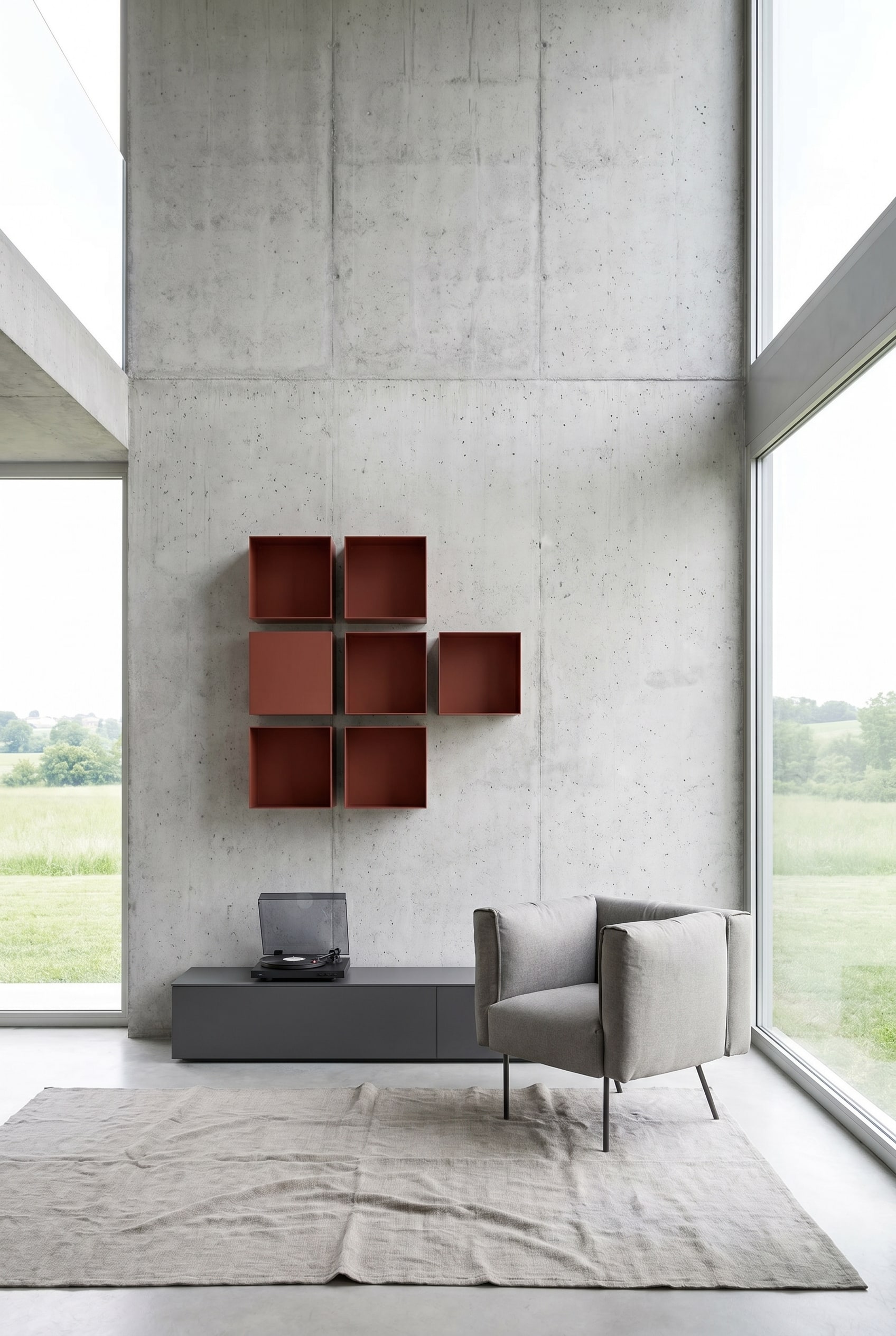 Ambiance intérieure moderne avec un groupement asymétrique de cinq boîtes murales carrées en métal Novamobili Hub en rouge oxyde mat sur un mur en béton