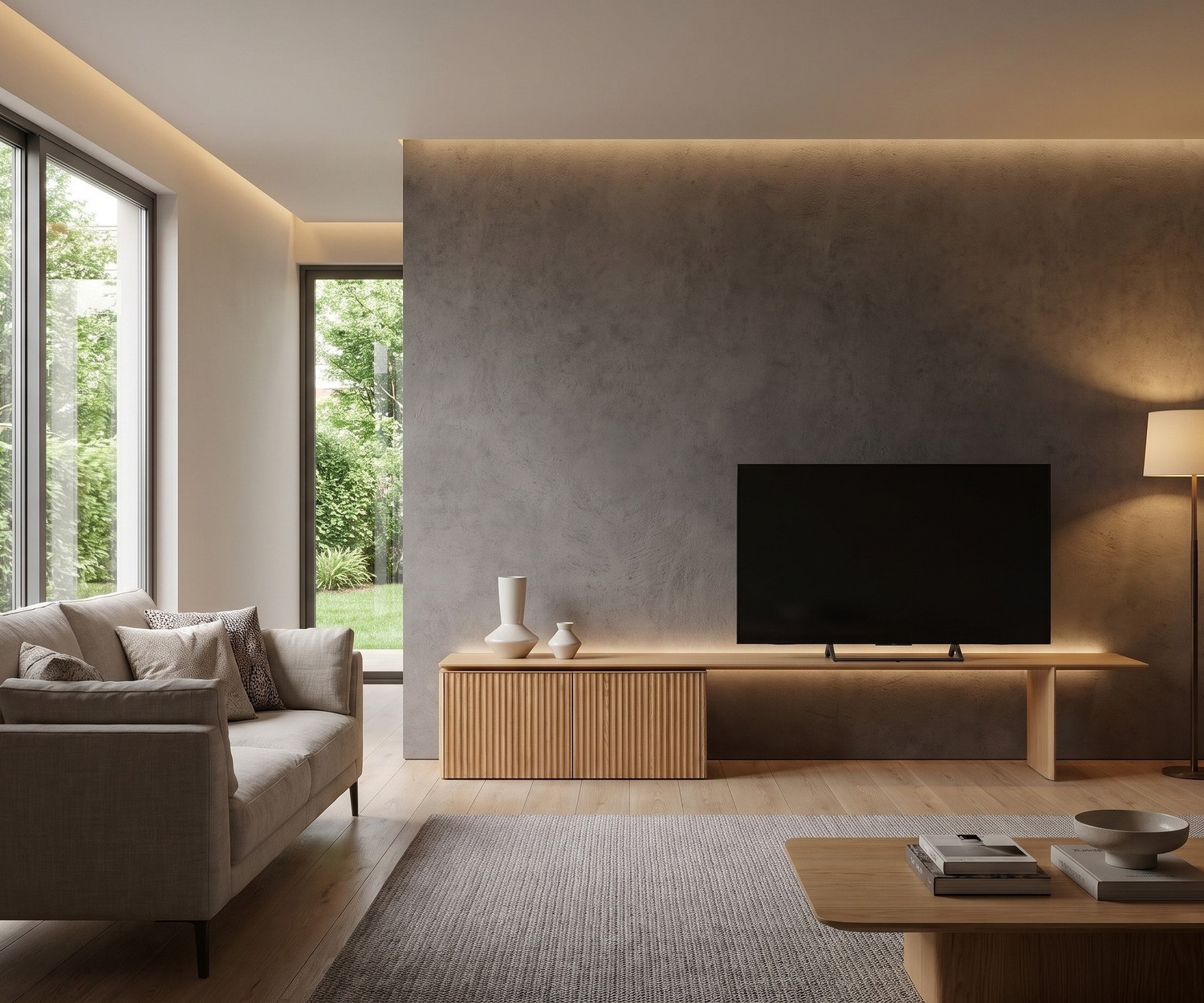 Buffet TV bas Punt Velasca en chêne massif dans un salon design et minimaliste.