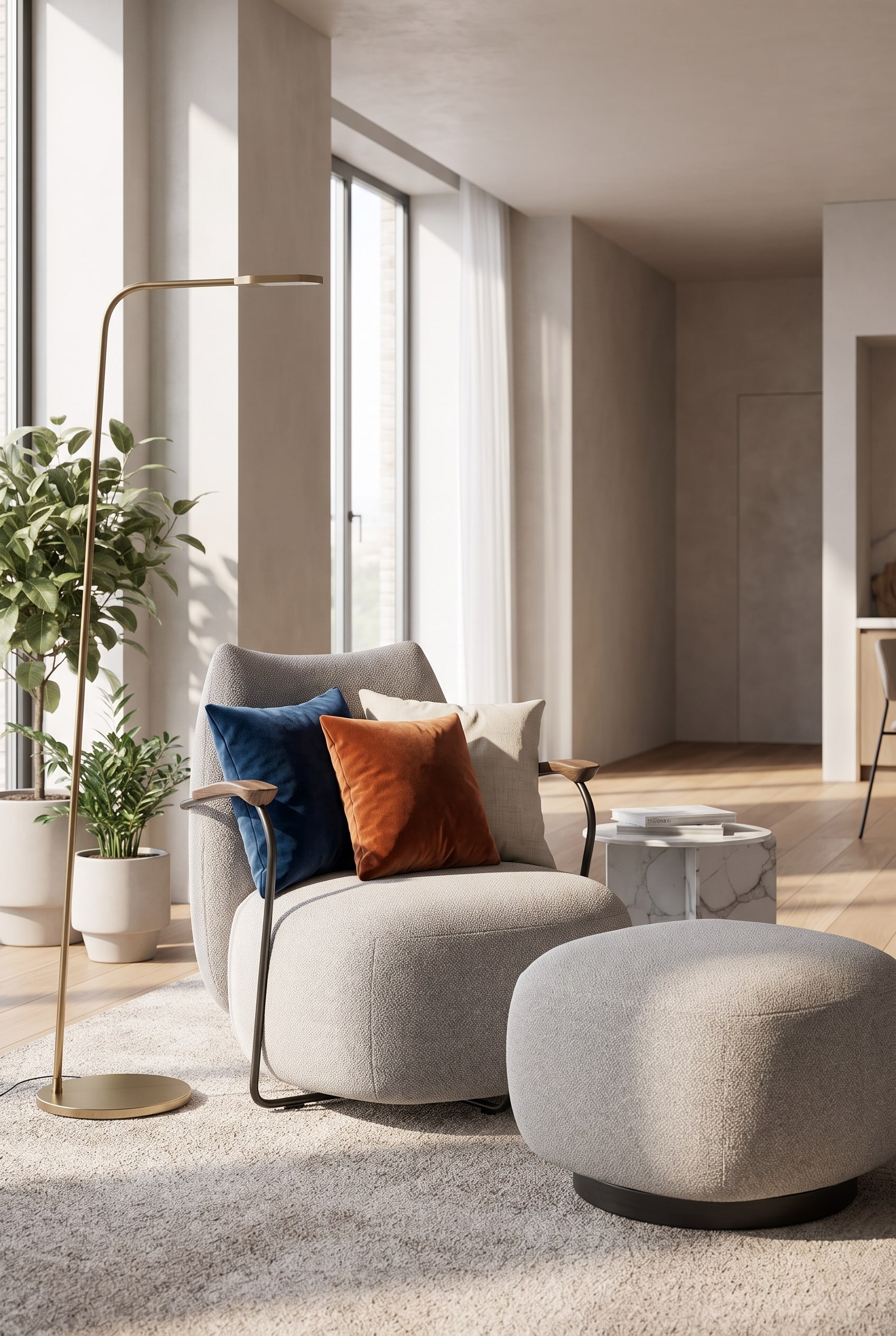 Un salon moderne avec le fauteuil Prostoria Buffa, d&eacute;cor&eacute; de coussins en lin et velours assortis &agrave; la saison.