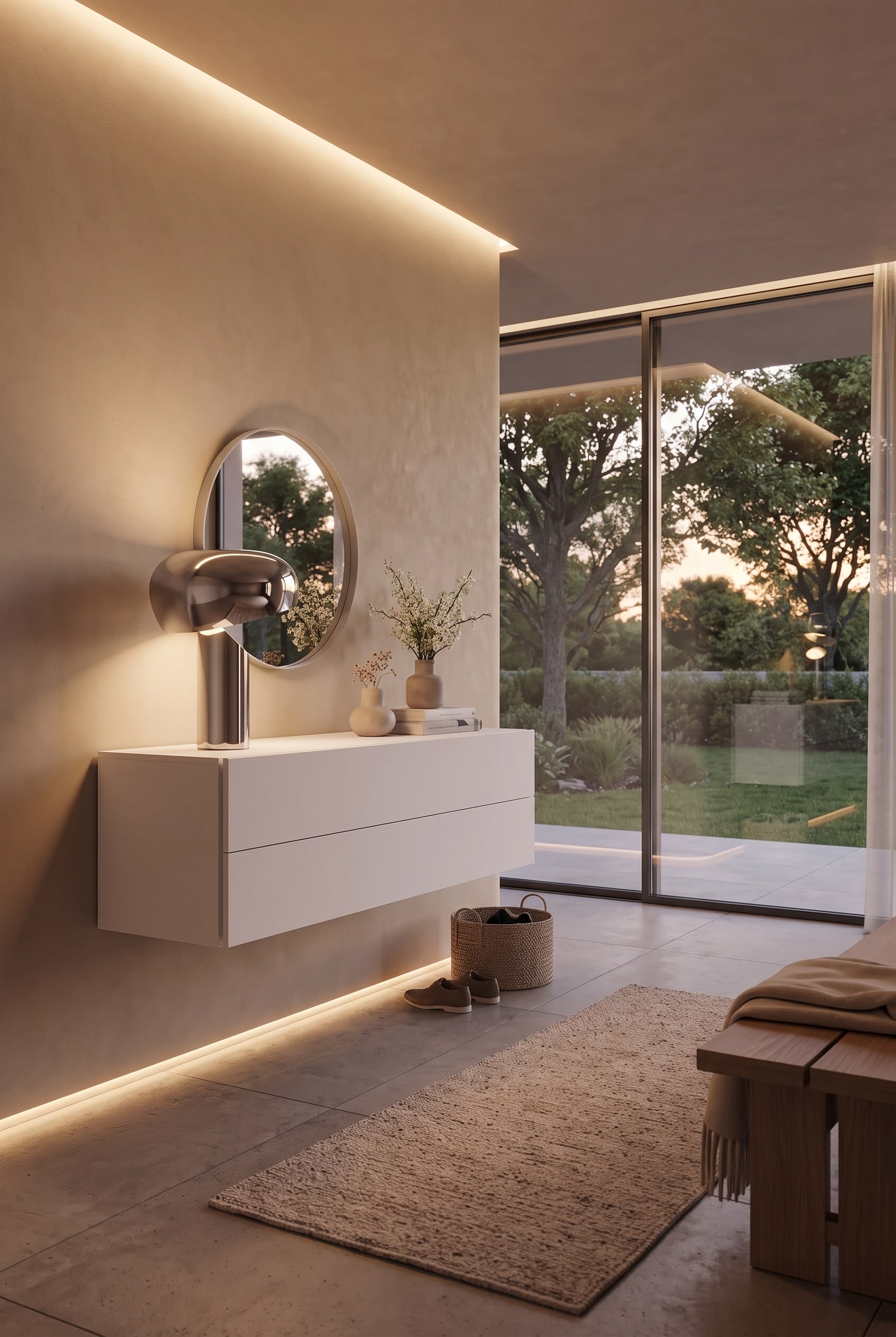Commode suspendue blanche dans le couloir avec miroir mural rond, &eacute;clairage LED indirect et panier au sol.