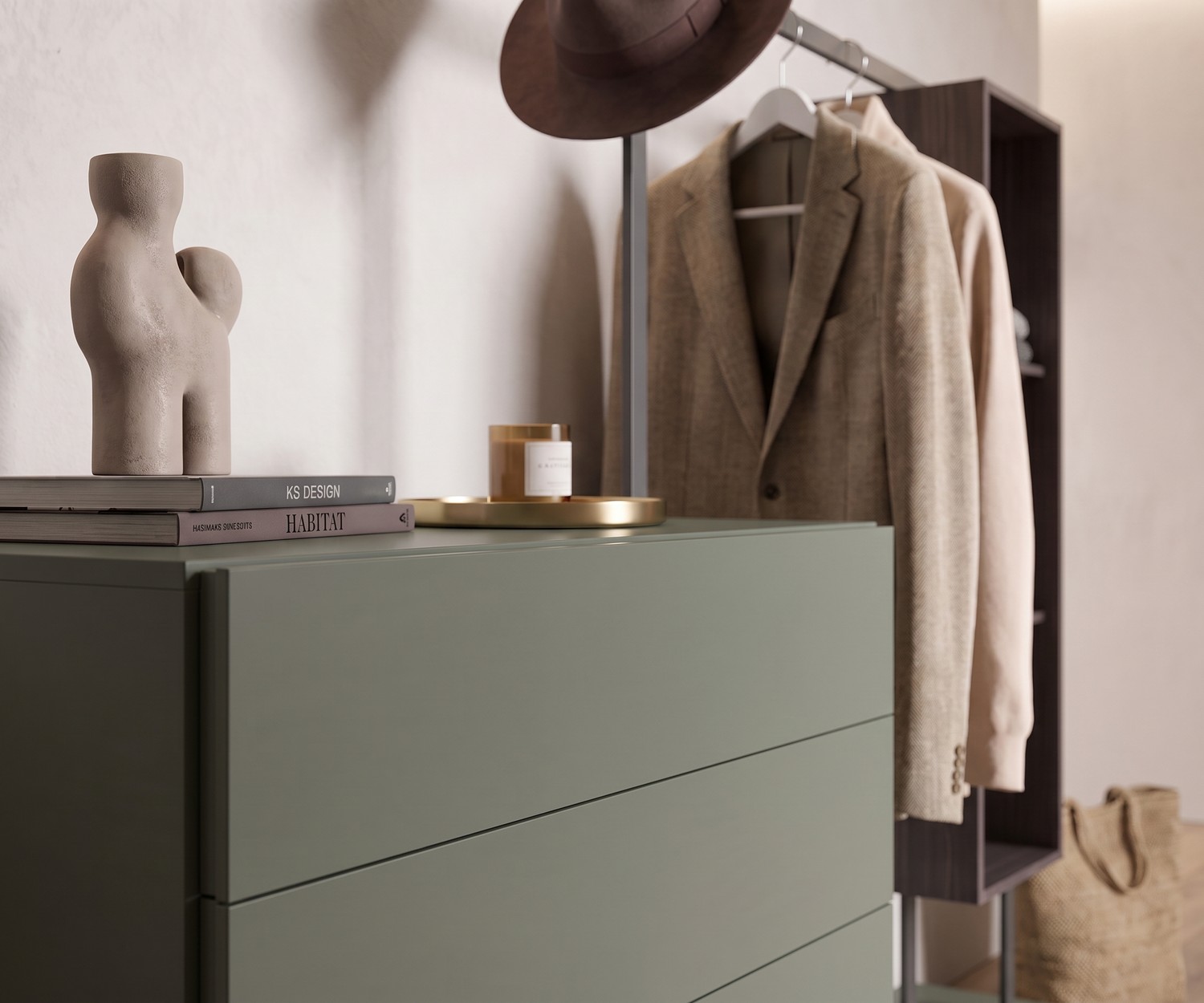 Hal commode met garderobe Easy 4, saliegroen design kledingrek met lades en legplanken in een minimalistische stijl