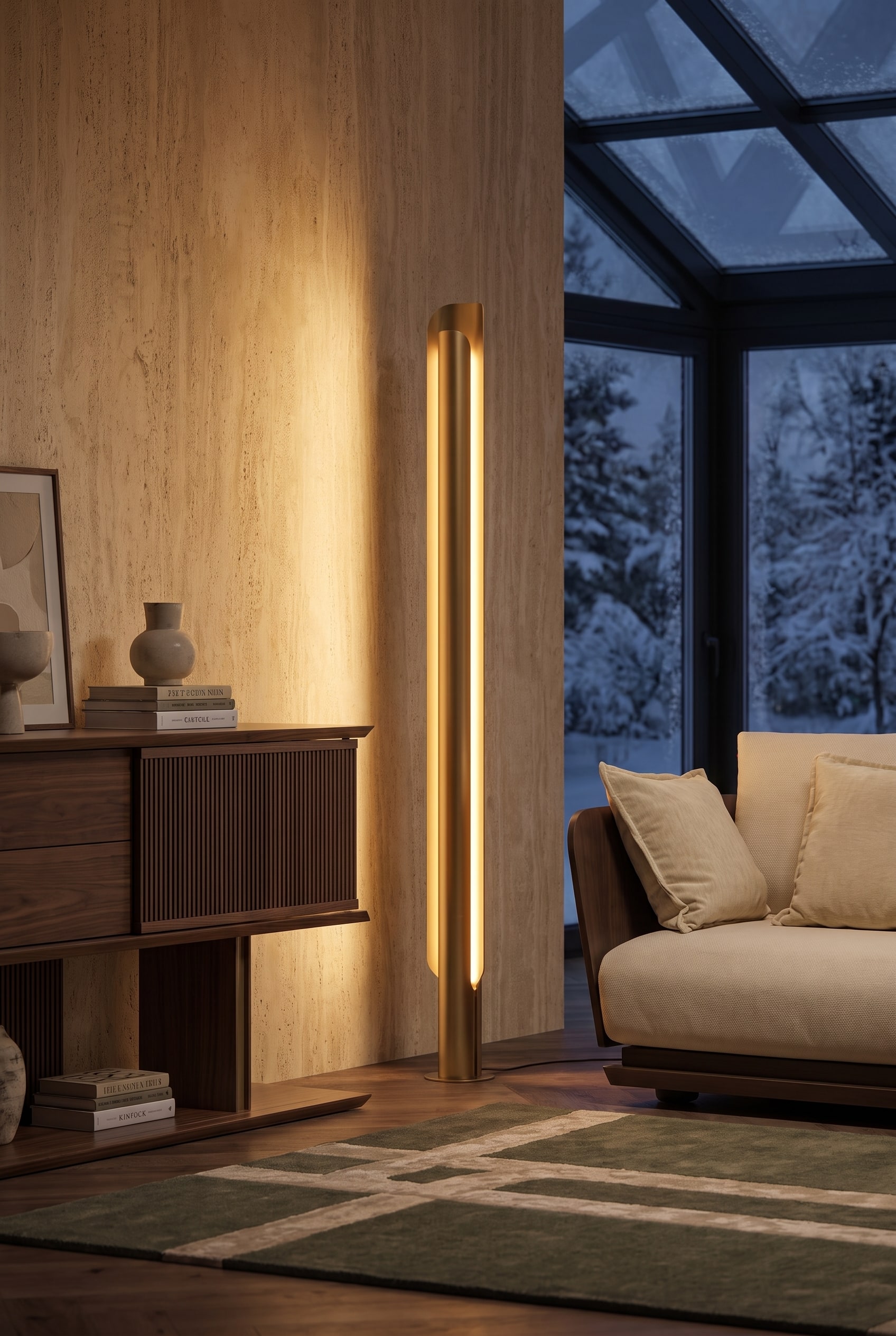 Élégante lampe de table en métal sur un buffet en bois foncé dans le jardin d'hiver, projetant une lumière chaude et indirecte sur le mur. En arrière-plan, des façades vitrées hivernales floues.