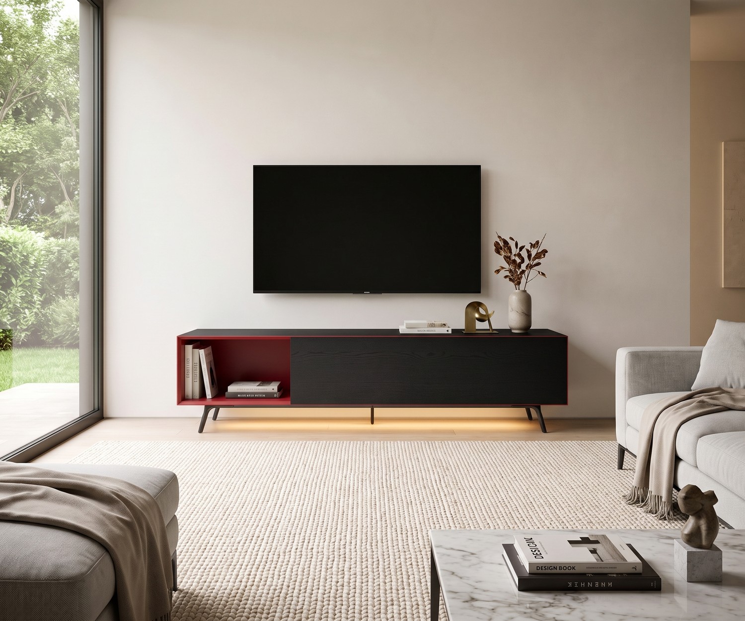 Livitalia Minimal lowboard tv-meubel in de woonkamer. Zwarte kast met rood open vak en sfeervolle LED-verlichting.