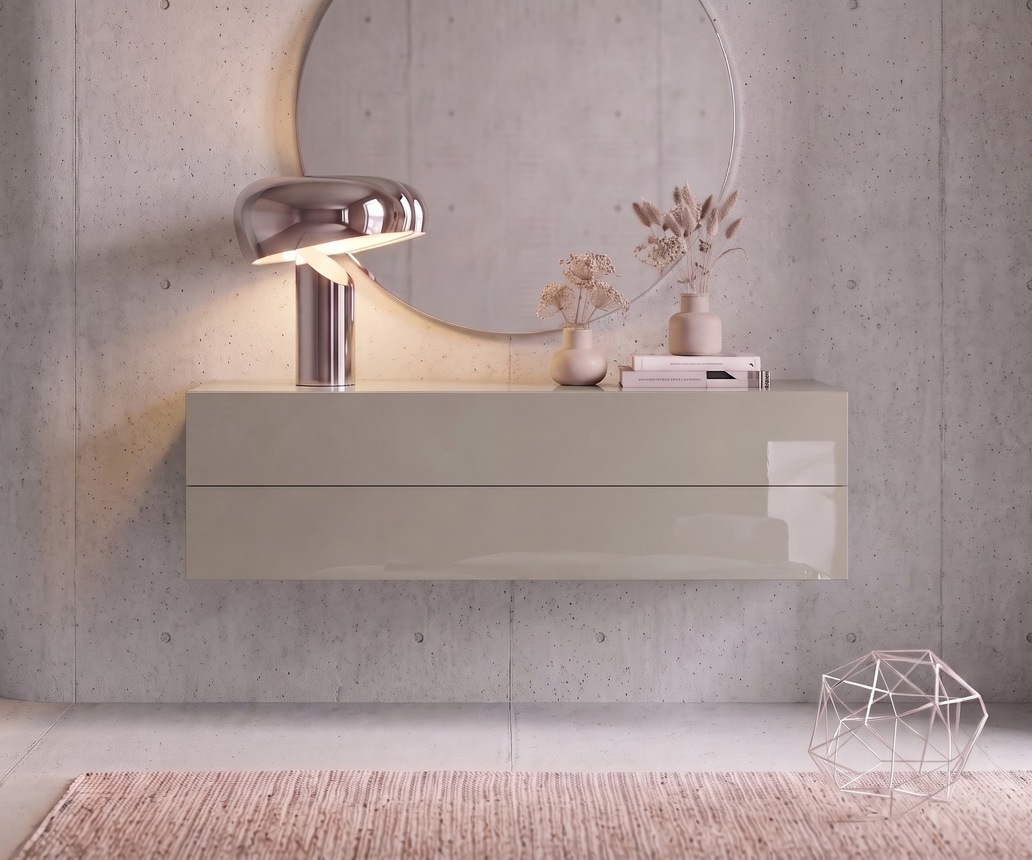 Commode suspendue design Easy sable Commode suspendue Novamobili Easy laquée sable brillant, buffet mural moderne pour l'entrée ou la chambre.