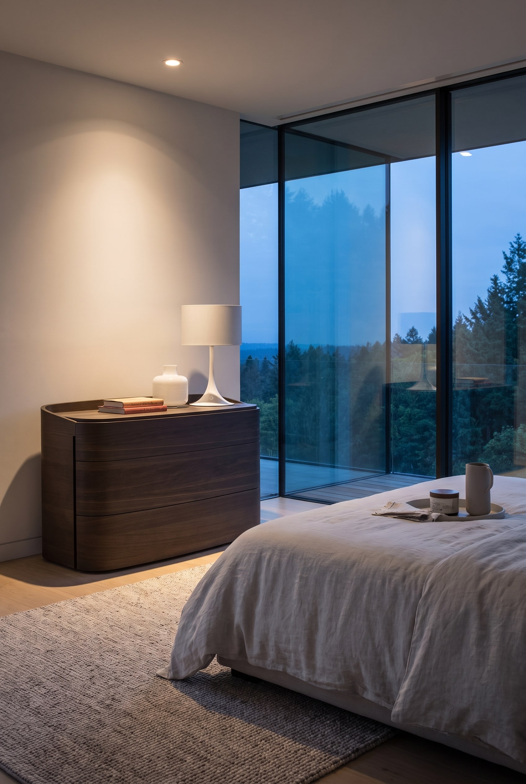 Réaménagement de chambre minimaliste avec la commode arrondie Livitalia Round comme élément de design central.