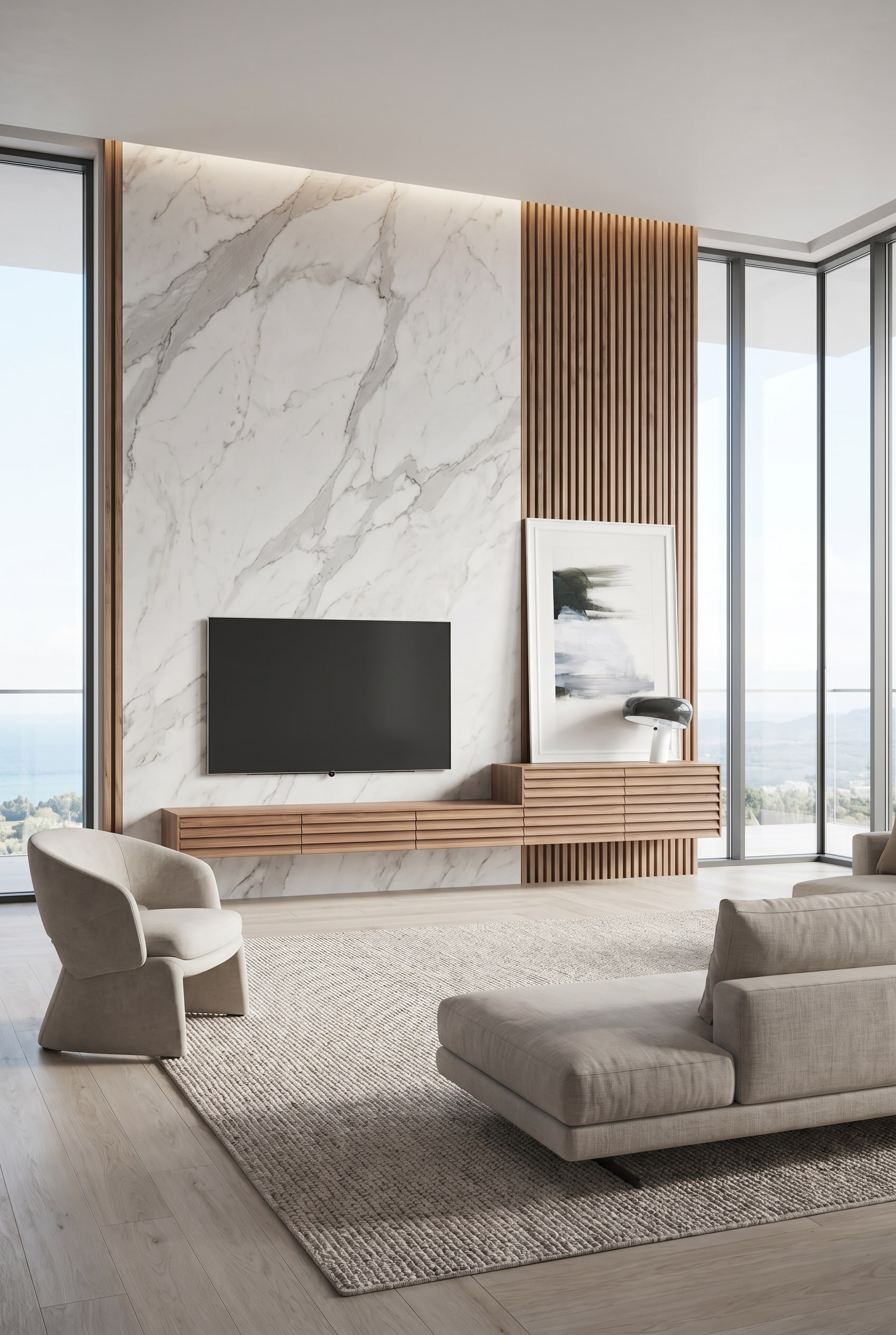 Meuble bas flottant en bois avec façade rainurée à côté de panneaux verticaux effet marbre et d'une grande télévision