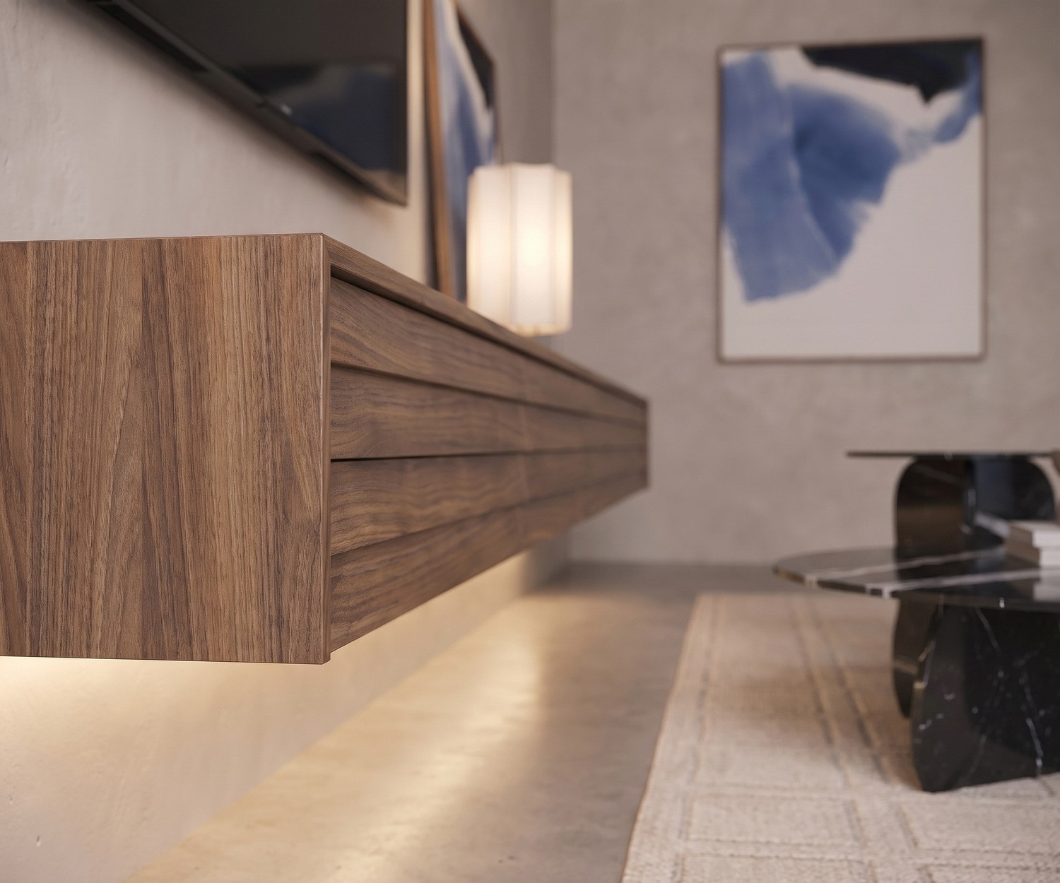 Meuble TV suspendu Punt Sussex Configurateur en noyer Meuble TV suspendu Punt Sussex Configurateur en noyer, idéal pour un salon moderne et design avec éclairage LED.