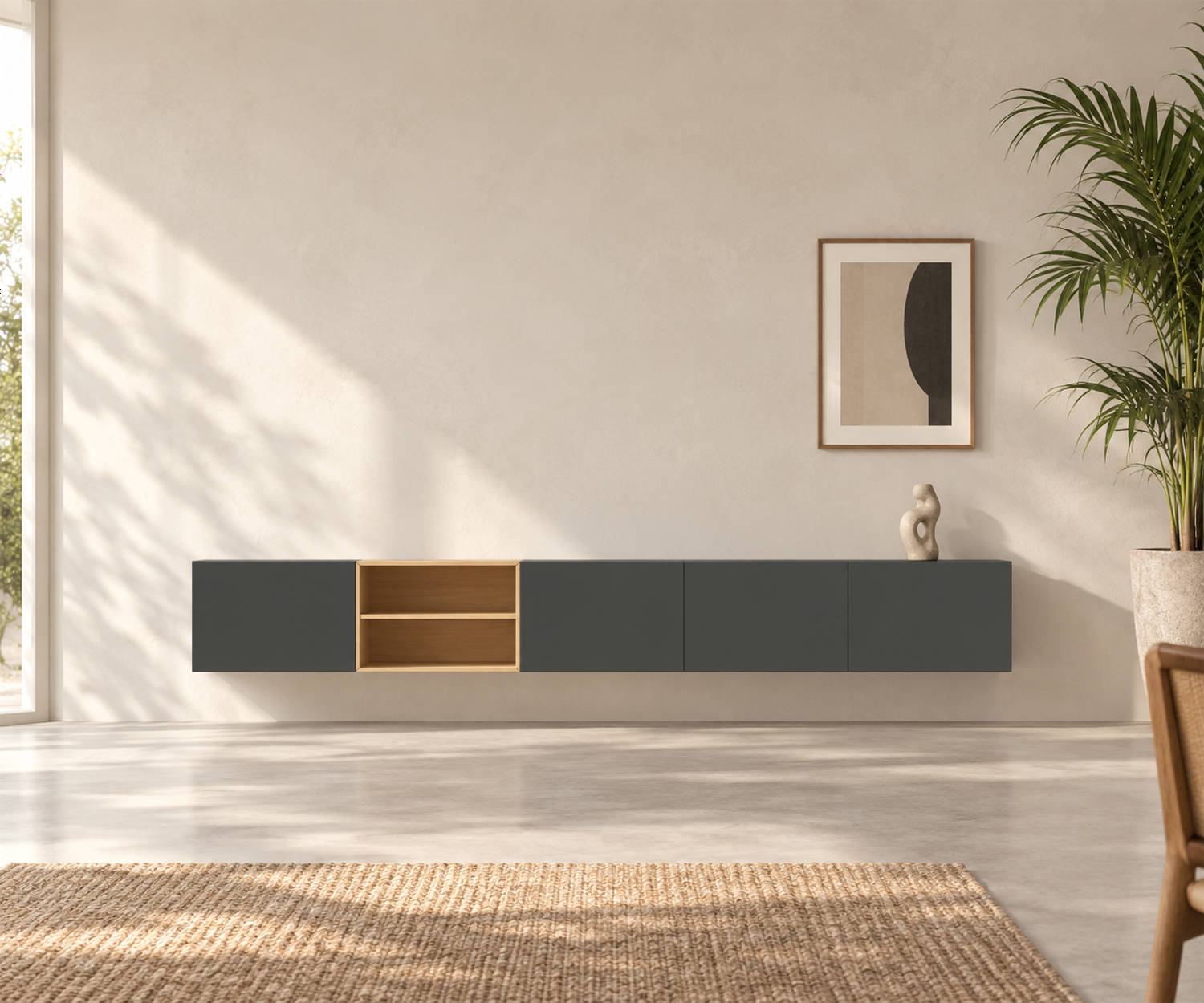 Livitalia Box 18 Wanddressoir 300 cm – Mat donkergrijs + Licht eiken