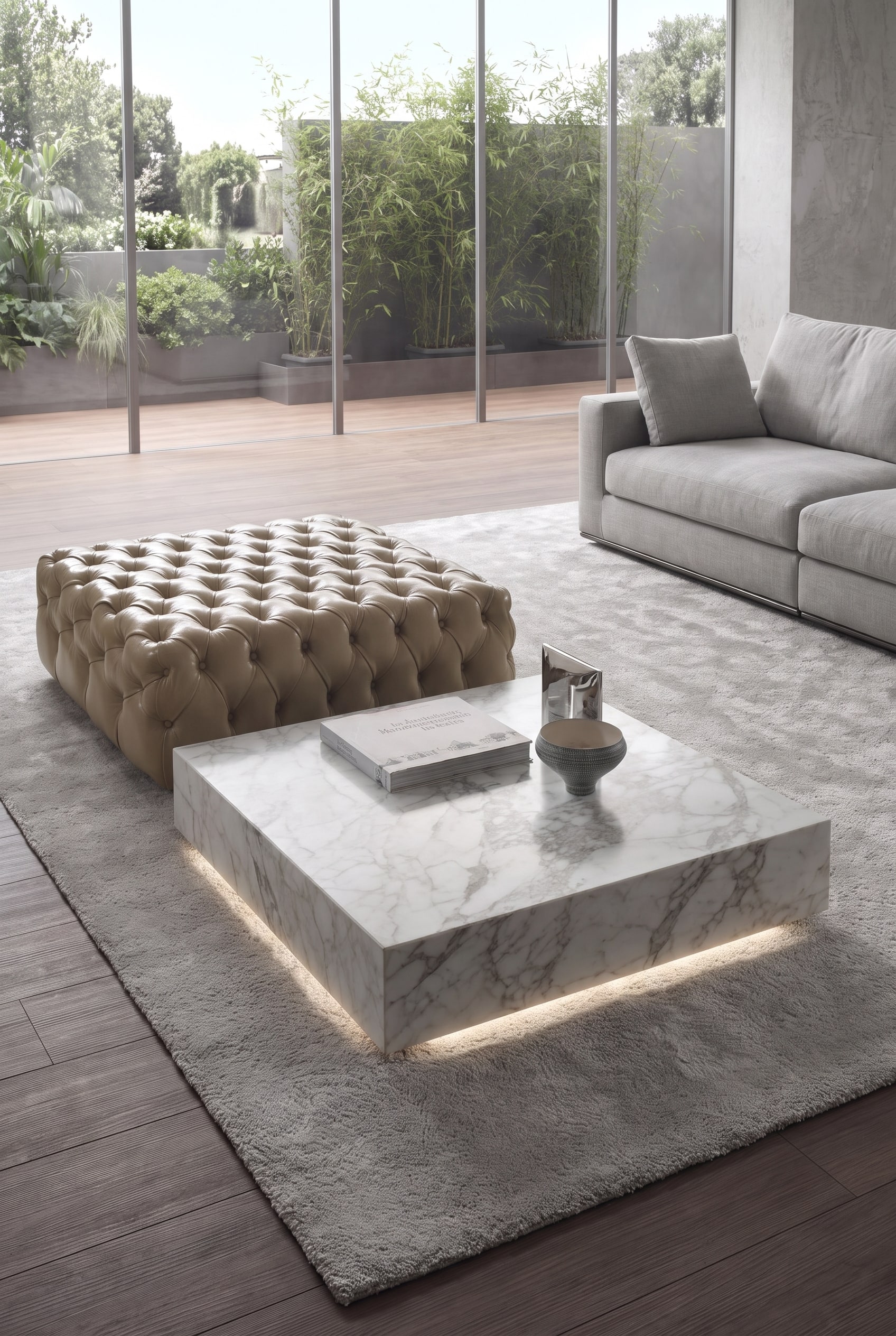 Salon luxueux avec une table basse en marbre massif et un piètement métallique fin