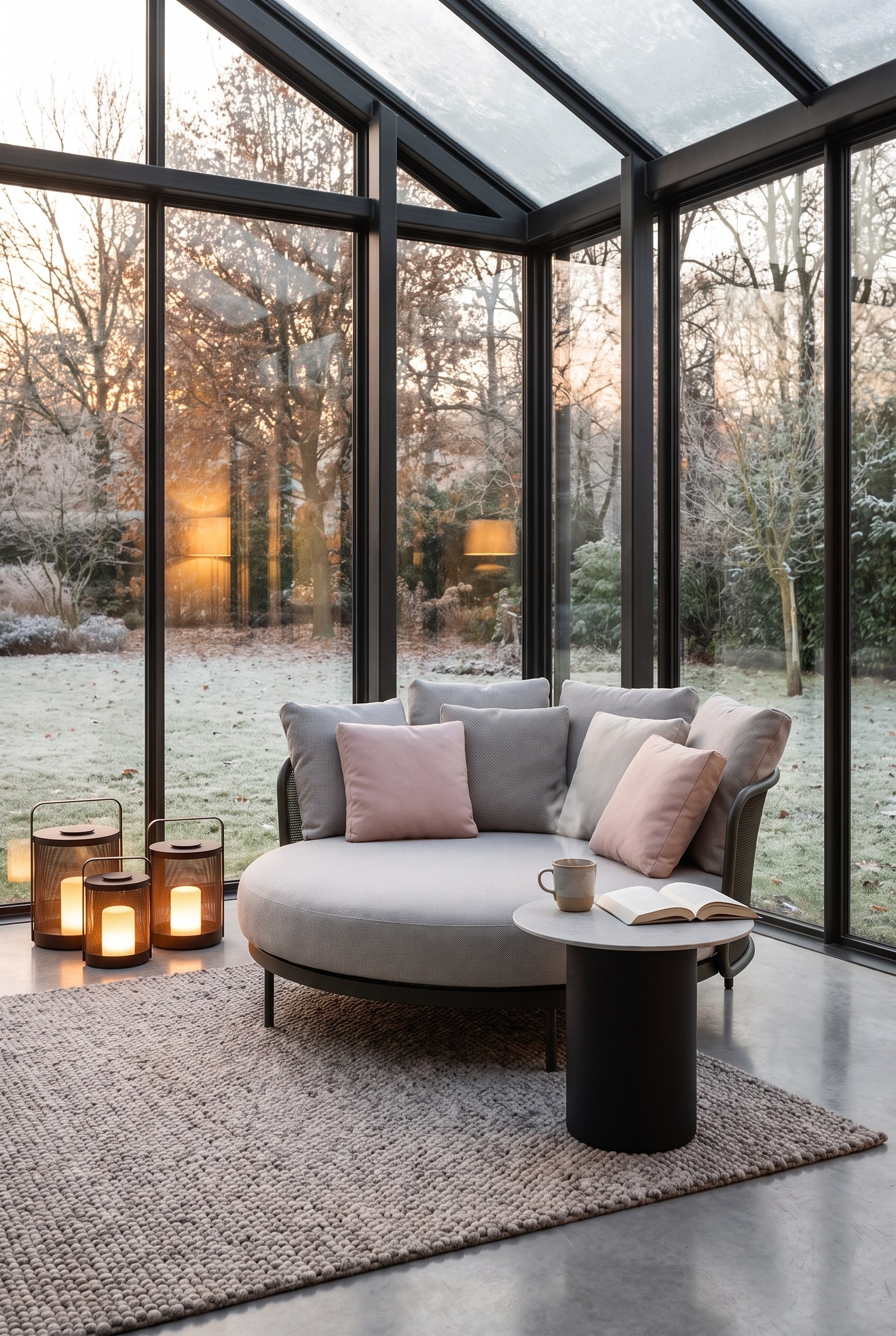 Daybed rond et confortable avec revêtement gris clair et de nombreux coussins texturés dans un coin du jardin d'hiver. À côté, une petite table d'appoint avec une tasse de thé.