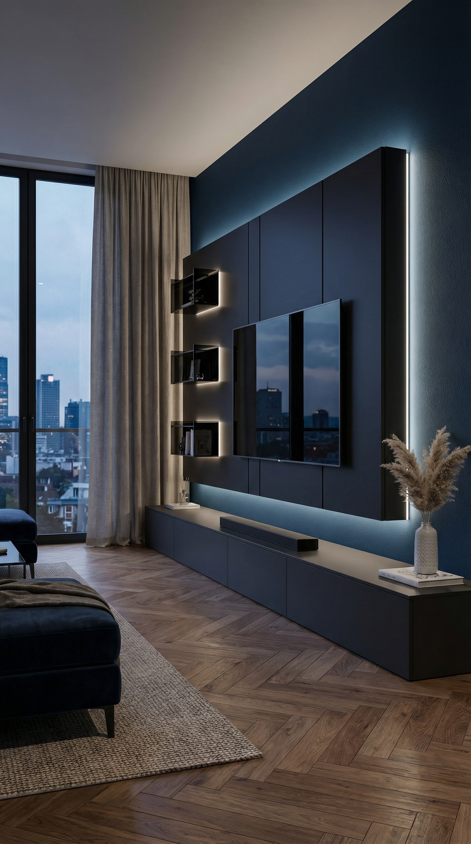 Donkere designer woonwand voor diepblauwe muurverf Deep Ocean Donkere designer woonwand voor diepblauwe muurverf Deep Ocean