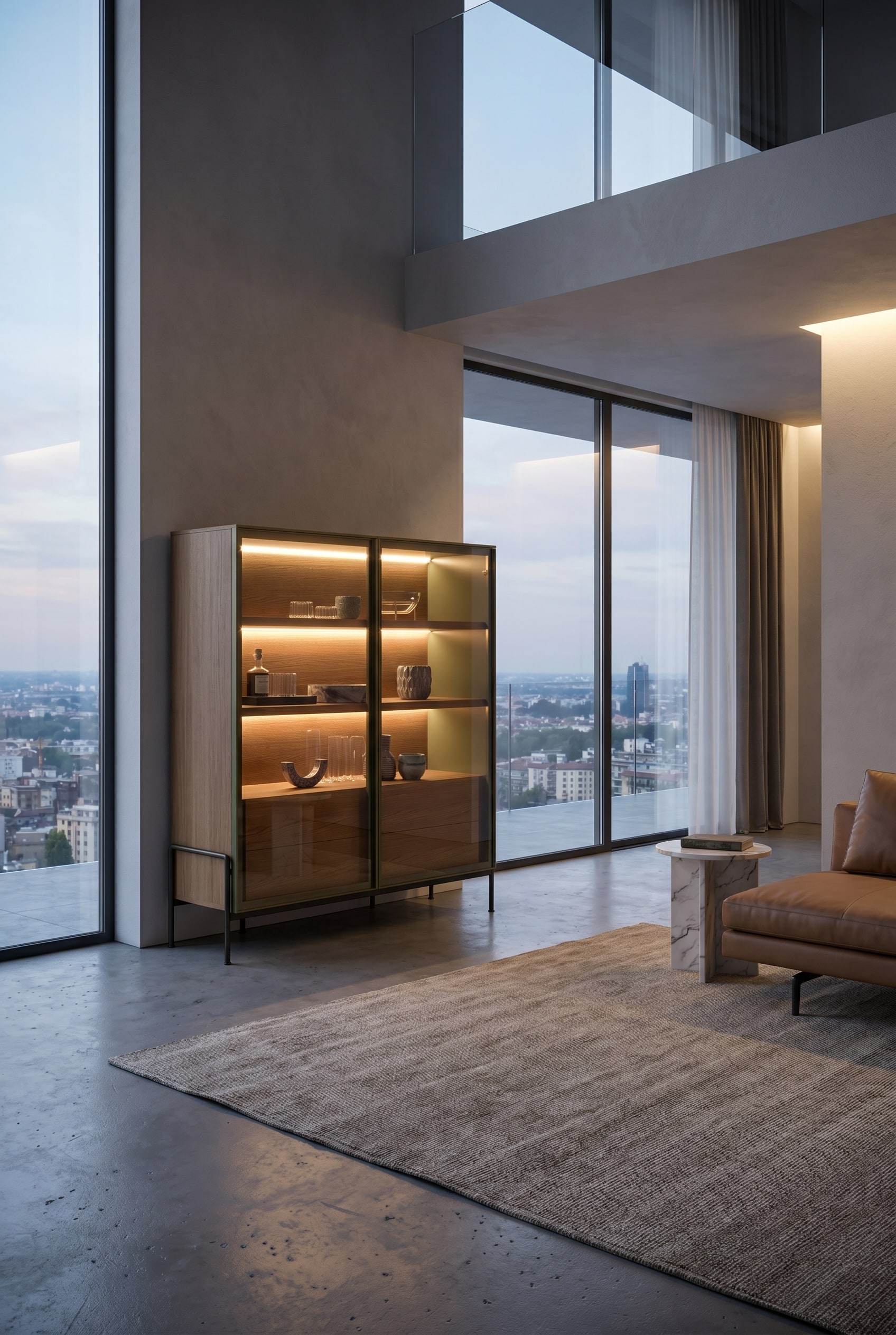 Salon moderne avec un highboard en chêne et portes vitrées bronzées, où des bandeaux lumineux LED horizontaux éclairent sans éblouissement un arrangement de vases en céramique