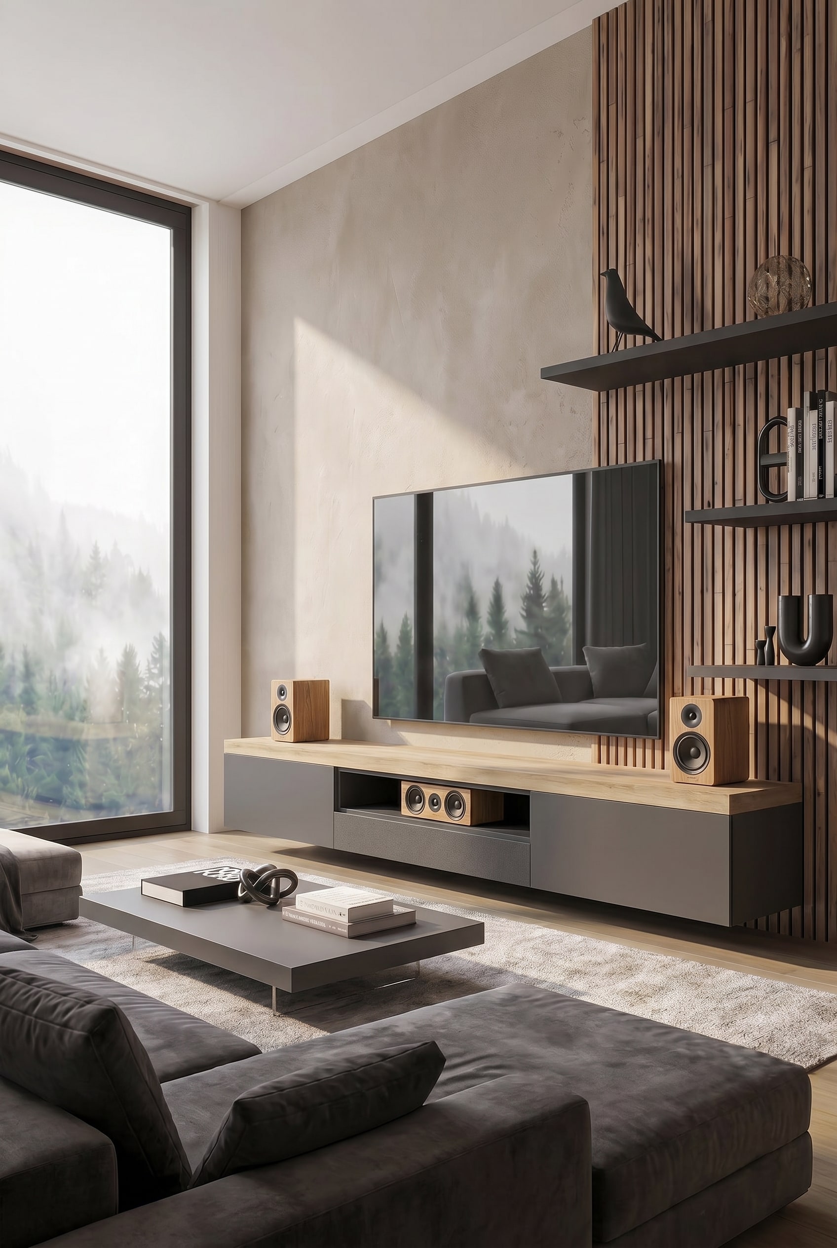 Salon moderne avec meuble TV gris foncé au sol, grain de bois visible comme accent et barre de son intégrée de manière invisible derrière une façade en tissu