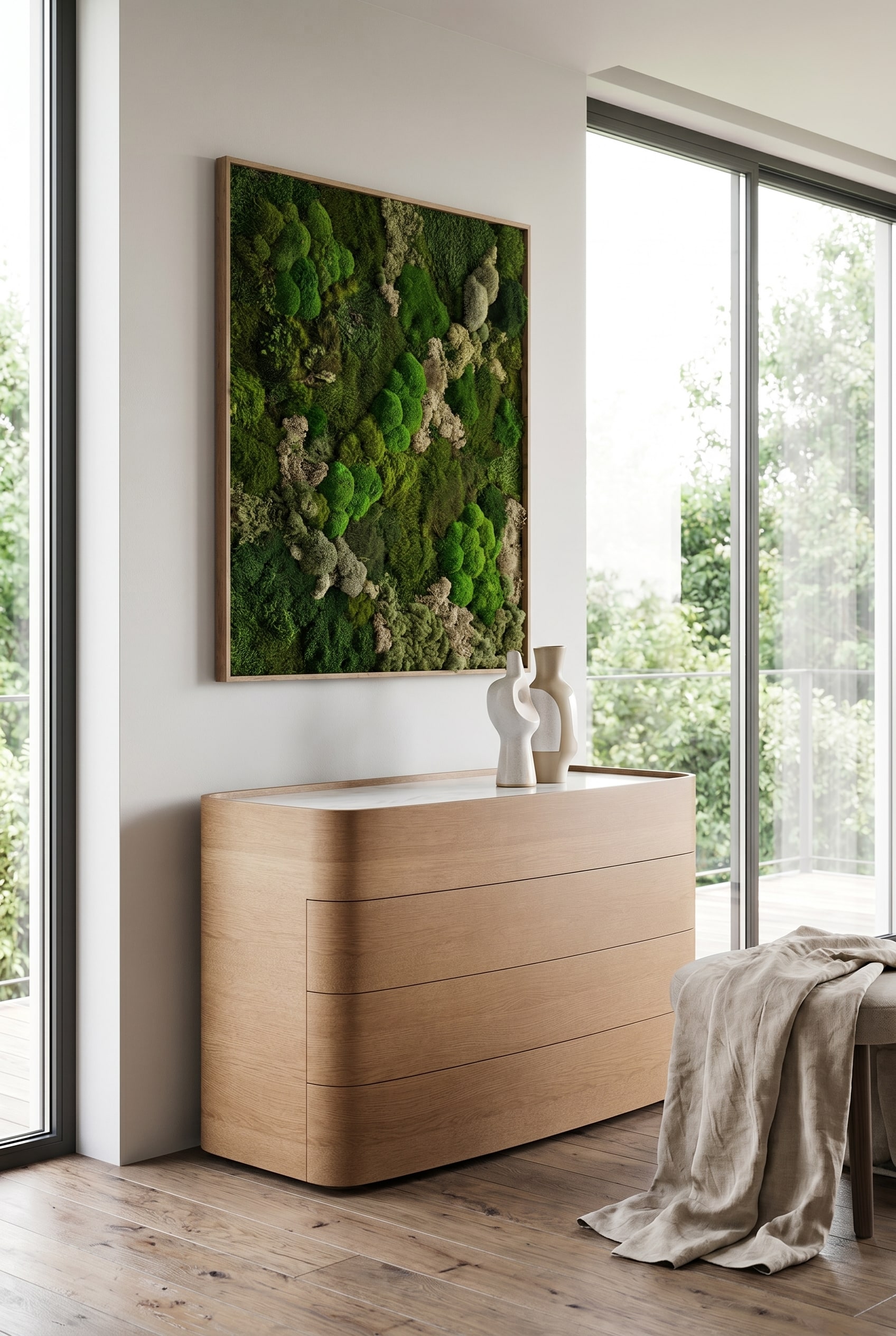 Chambre lumineuse avec commode en bois marron clair aux c&ocirc;t&eacute;s arrondis, au-dessus un tableau v&eacute;g&eacute;tal et une sculpture