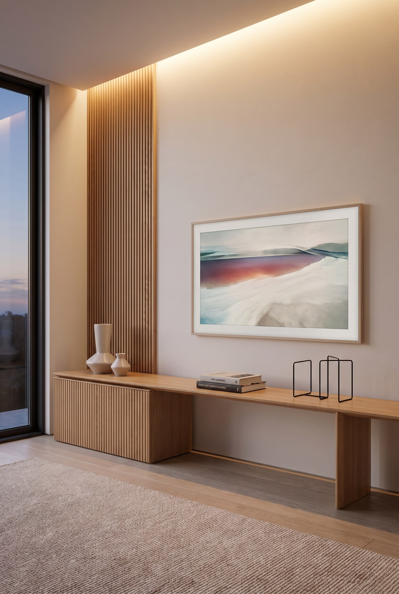 Un buffet design minimaliste sans poign&eacute;es dans un salon moderne, au-dessus duquel est suspendu un grand t&eacute;l&eacute;viseur Frame affichant une &oelig;uvre d'art classique.