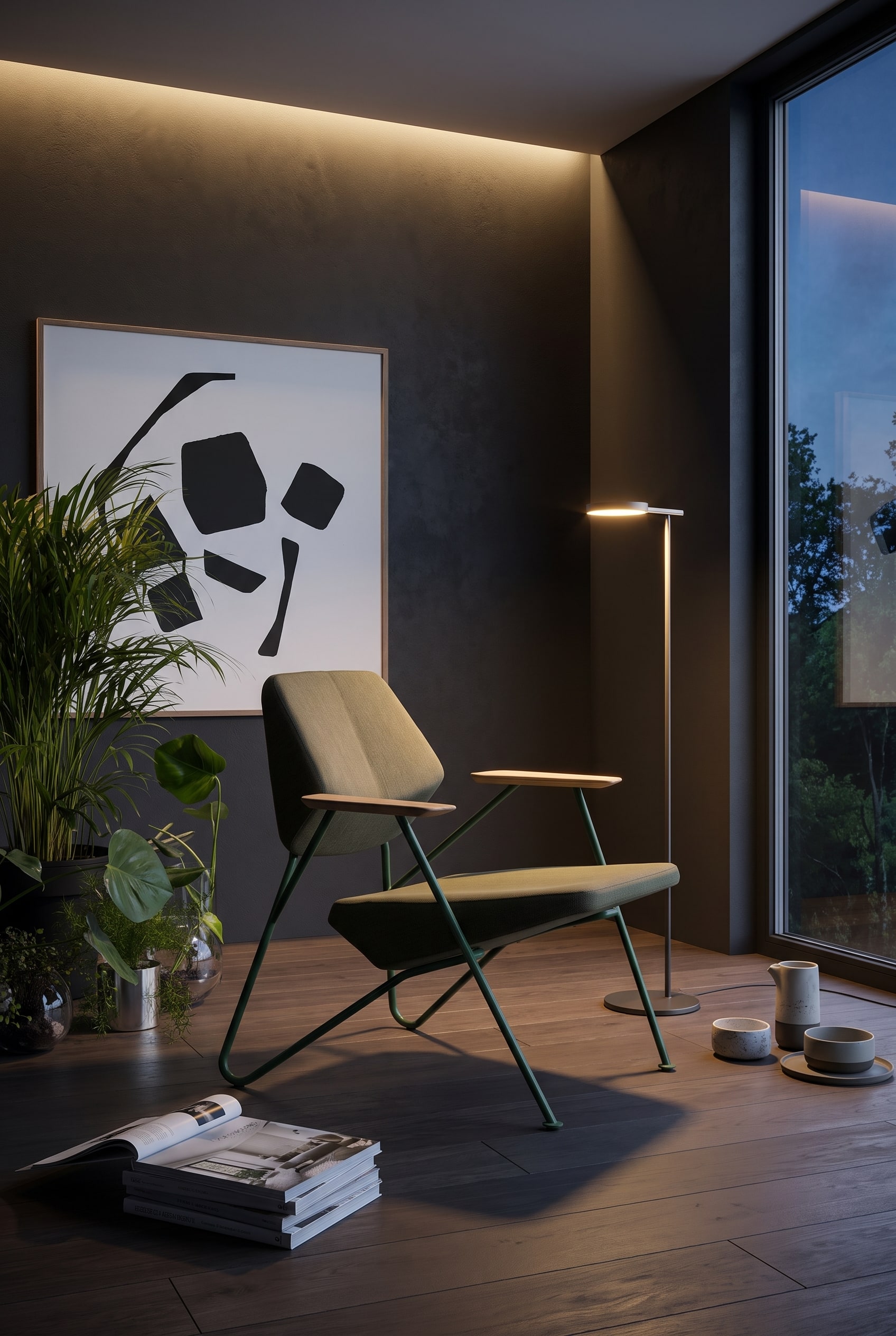 Salon avec mur anthracite, fen&ecirc;tres pleine hauteur et un fauteuil anguleux avec cadre m&eacute;tallique et rev&ecirc;tement vert