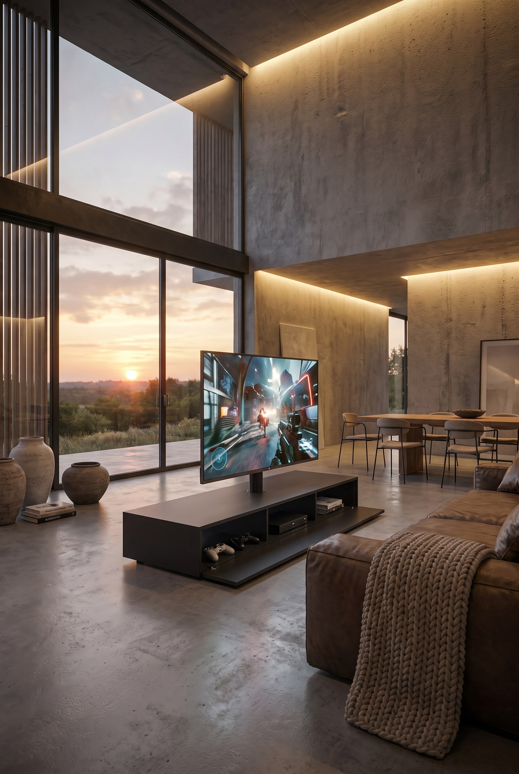 S&eacute;parateur de pi&egrave;ce autoportant avec tube pivotant pour la t&eacute;l&eacute;vision dans un salon ouvert.