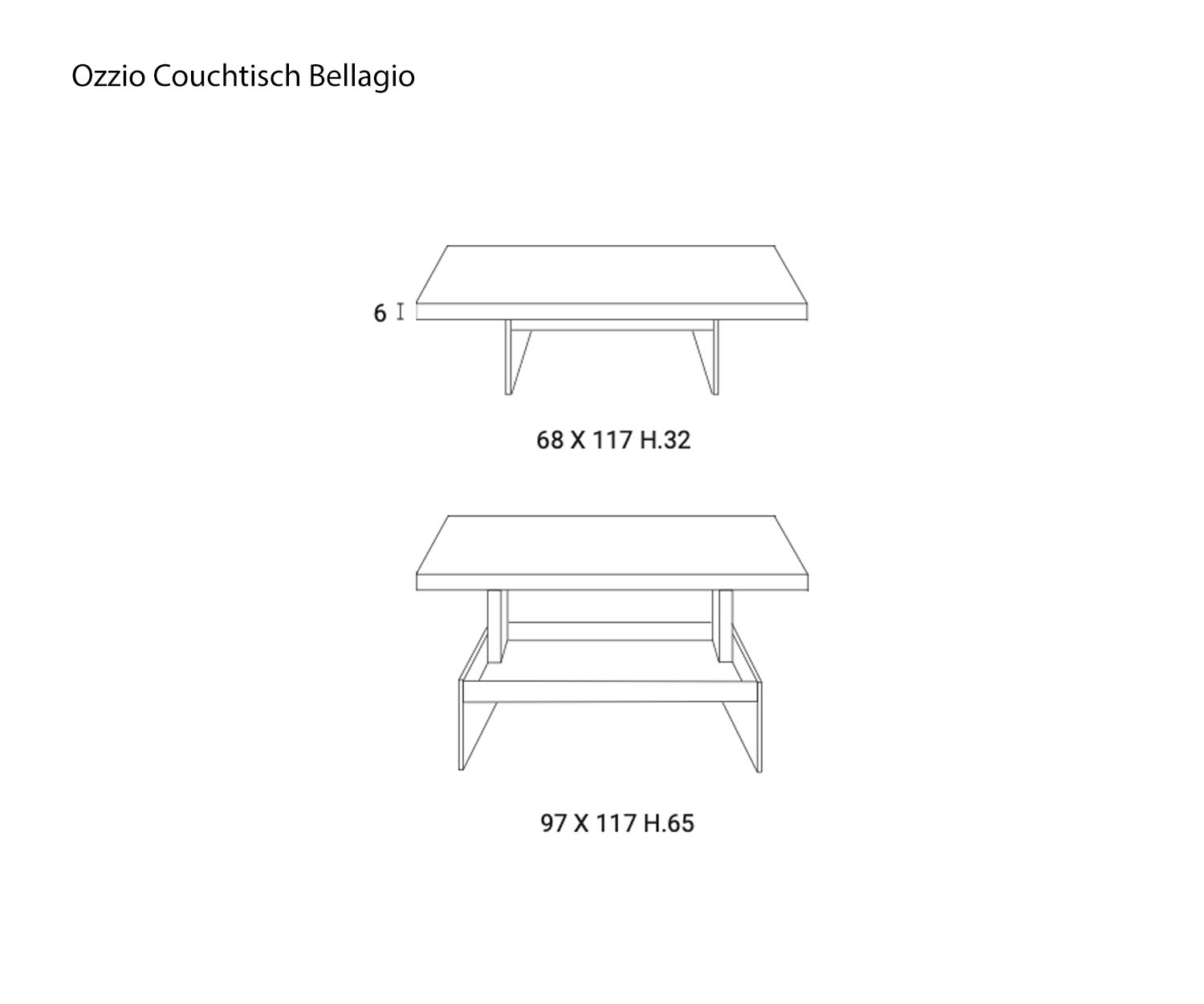 Schets van design salontafel Bellagio van Ozzio Afmetingen Afmetingen Schets van design salontafel Bellagio van Ozzio Afmetingen Afmetingen