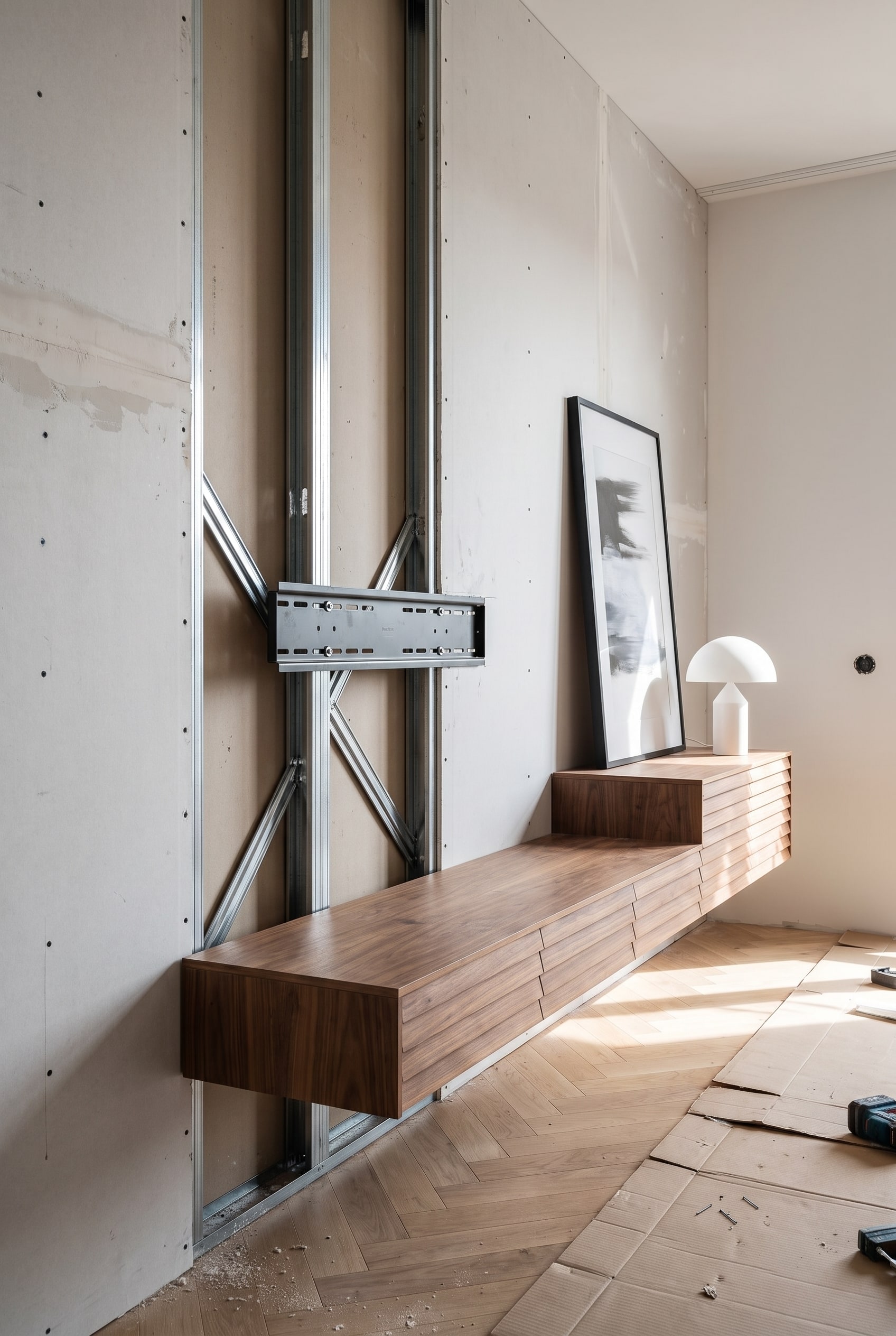 Blick auf das metallene St&auml;nderwerk einer halboffenen Trockenbauwand, an der ein massiver Befestigungswinkel f&uuml;r ein schwebendes Lowboard angebracht wird.