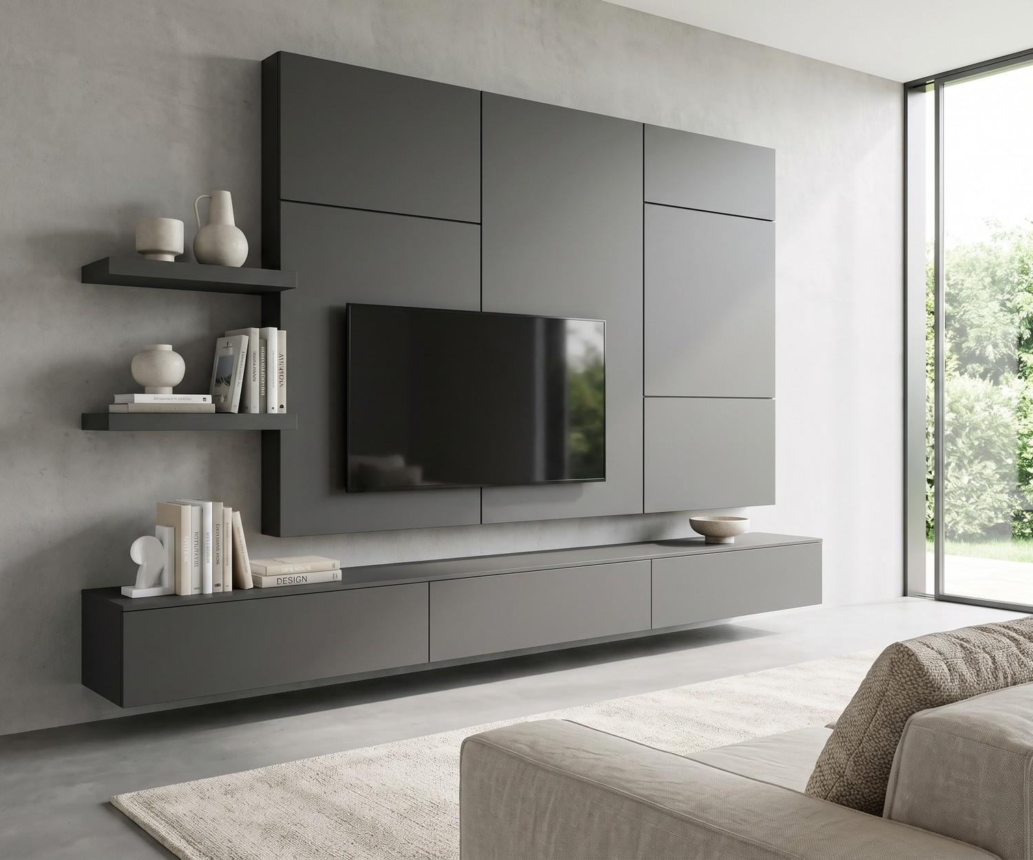 Livitalia C102 tv-wandmeubel grijs Livitalia C102 tv-wandmeubel met zwevend lowboard en tv-paneel. Modern grijs wandmeubel voor de woonkamer.