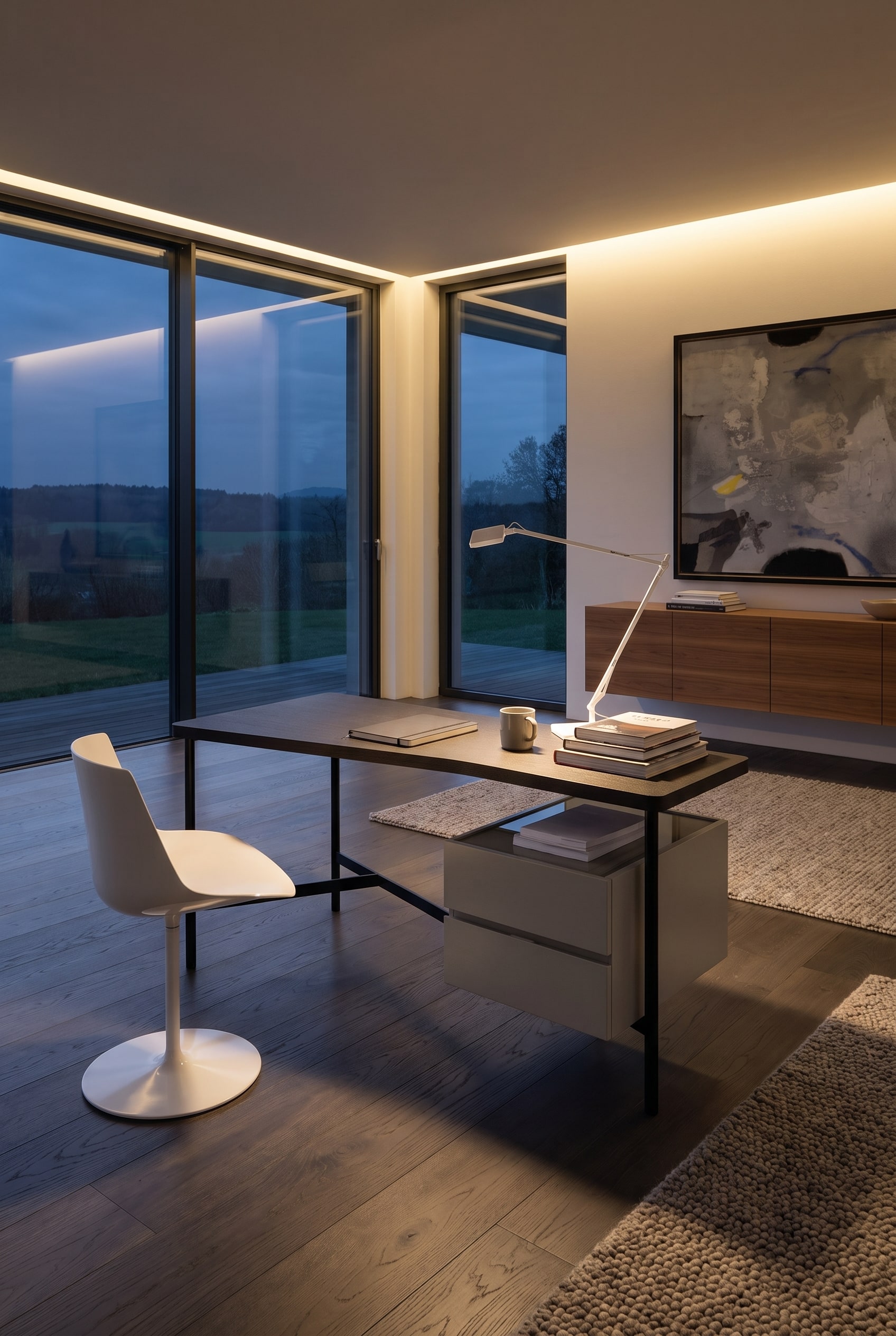 Bureau minimaliste avec un bureau laqué mat extrêmement plat, une chaise en cuir et une seule tasse en céramique devant des fenêtres pleine hauteur.