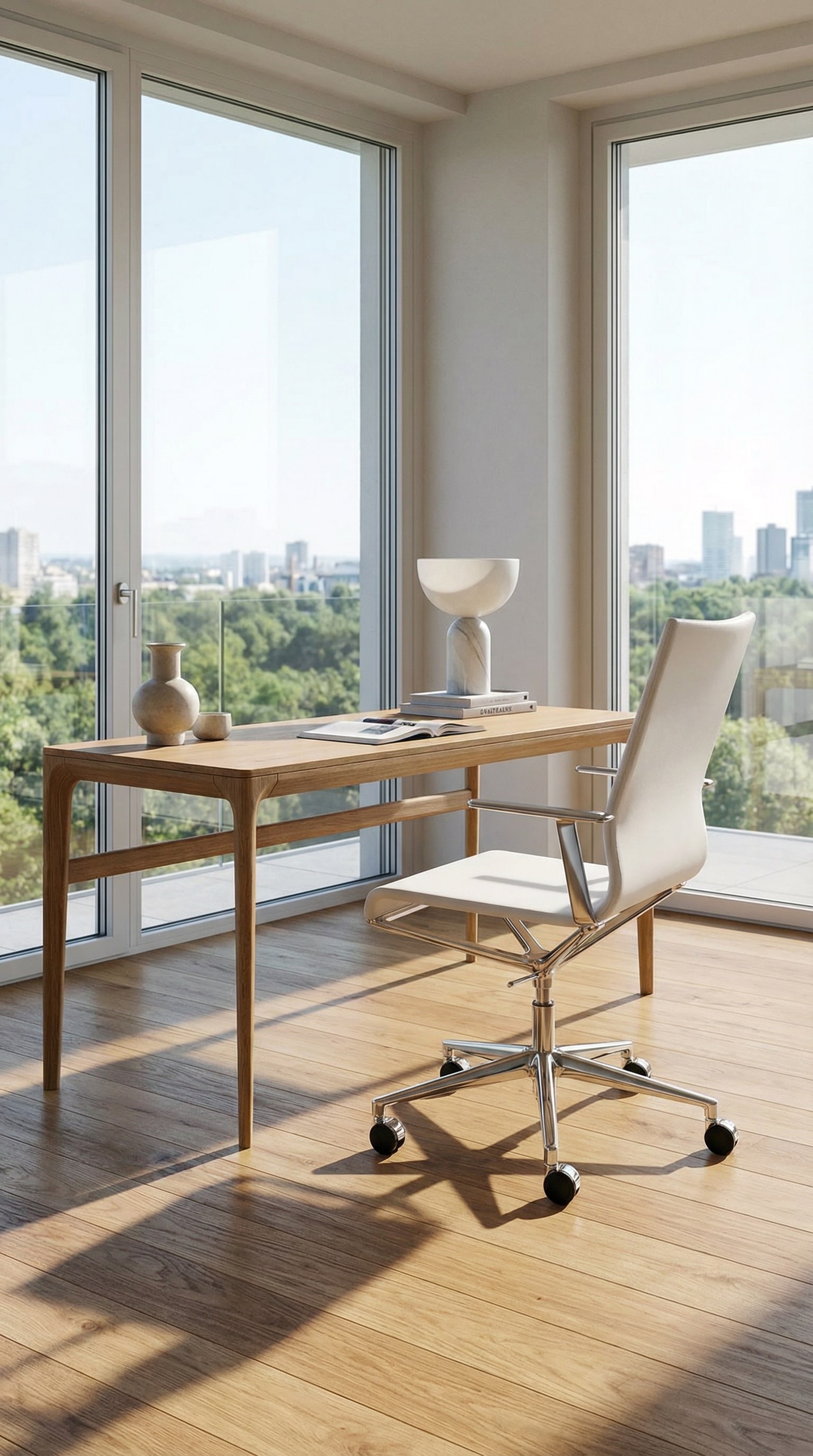 De filigrane ICF Stick ETK bureaustoel in een minimalistisch ingerichte thuiswerkplek met eiken parket De filigrane ICF Stick ETK bureaustoel in een minimalistisch ingerichte thuiswerkplek met eiken parket