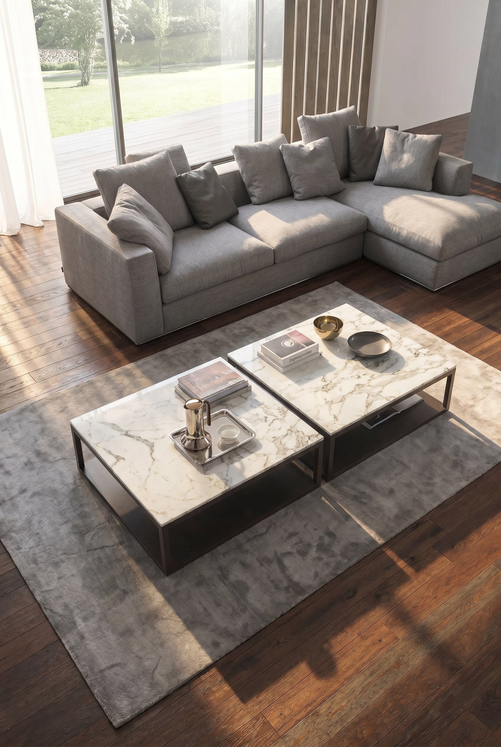 Marelli Couchtisch Stone placé avec précision devant un canapé gris moderne avec un espace suffisant Marelli Couchtisch Stone placé avec précision devant un canapé gris moderne avec un espace suffisant