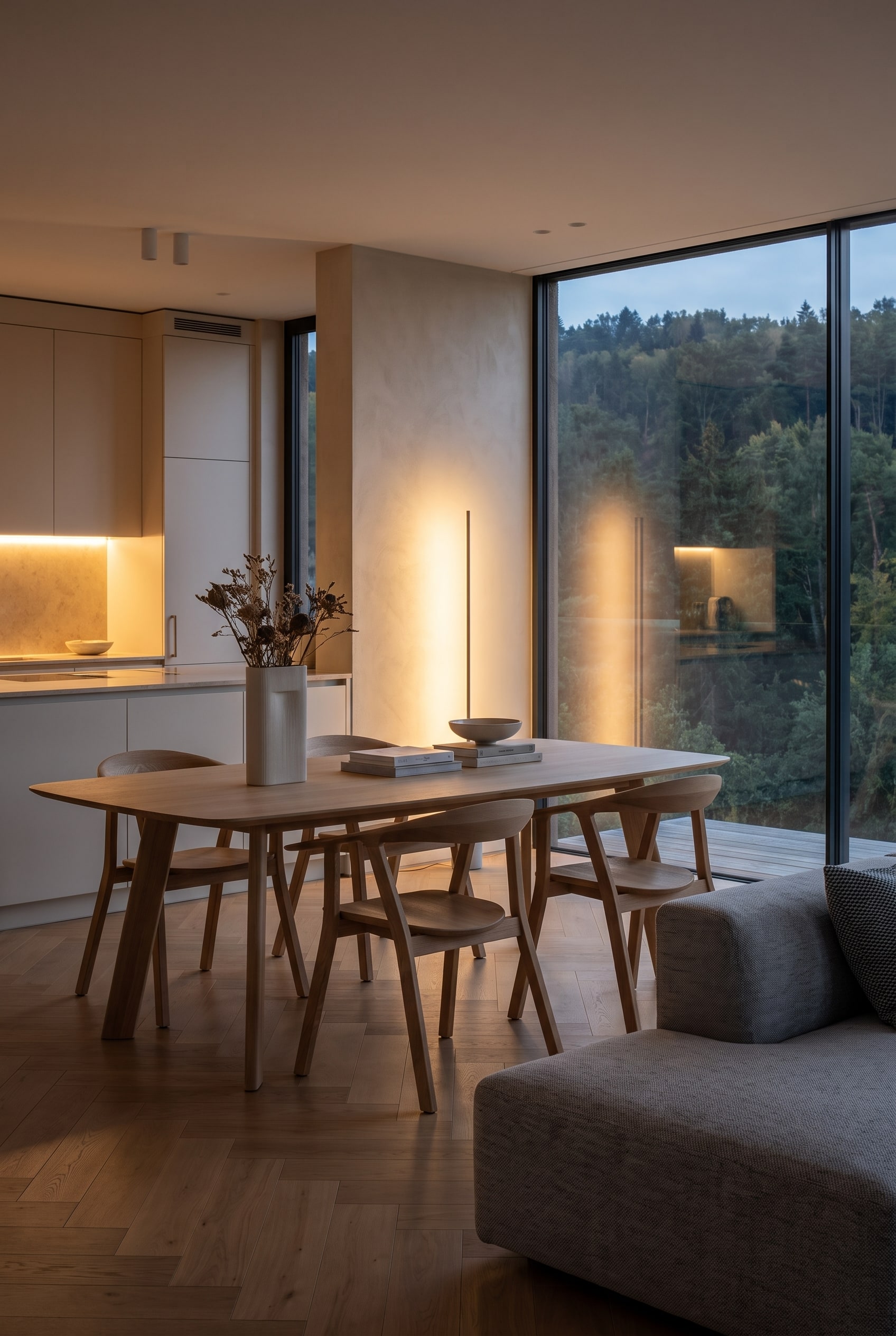 Salle à manger lumineuse avec une table en bois massif à bord suisse fin et trois chaises en bois