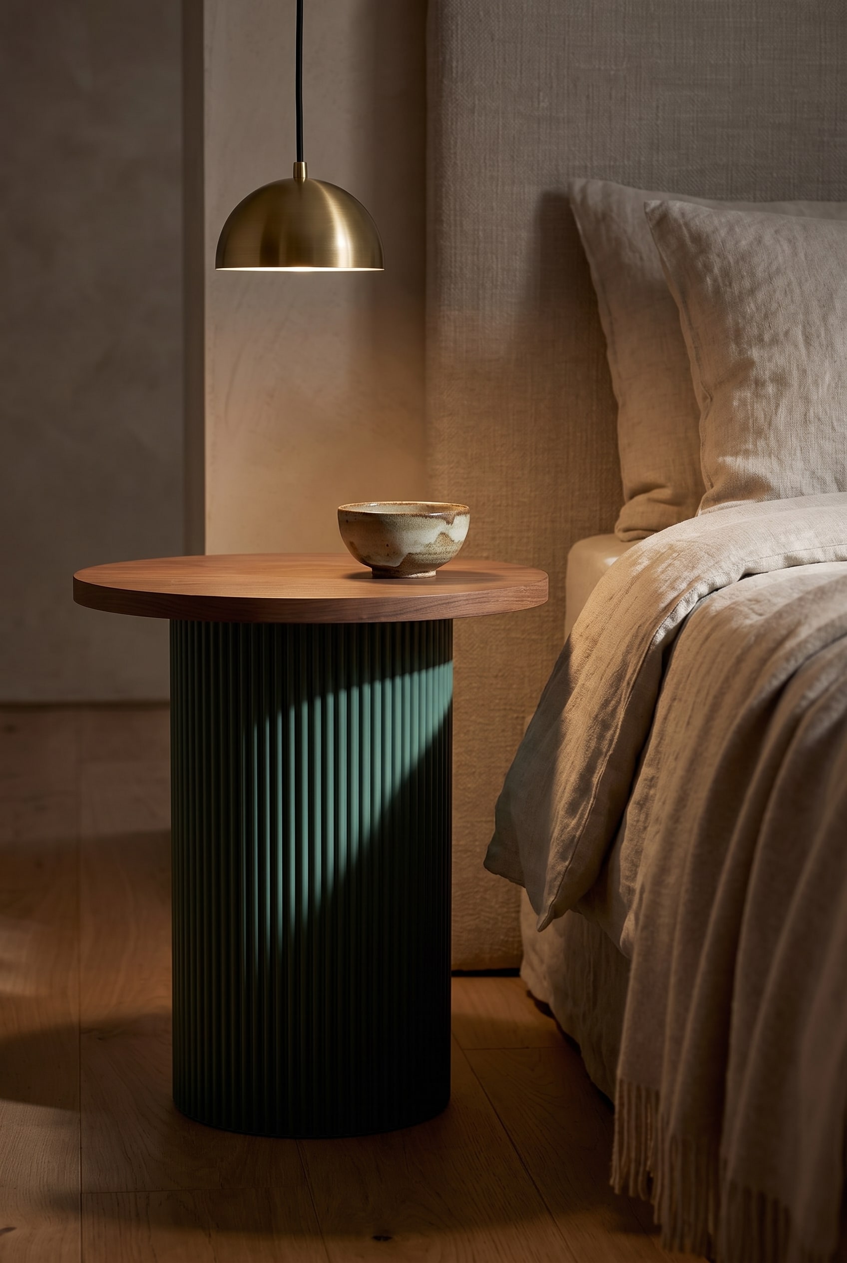 Chambre à coucher artistiquement aménagée avec la table d'appoint Punt Dune, dont la structure rainurée distinctive est éclairée par une suspension