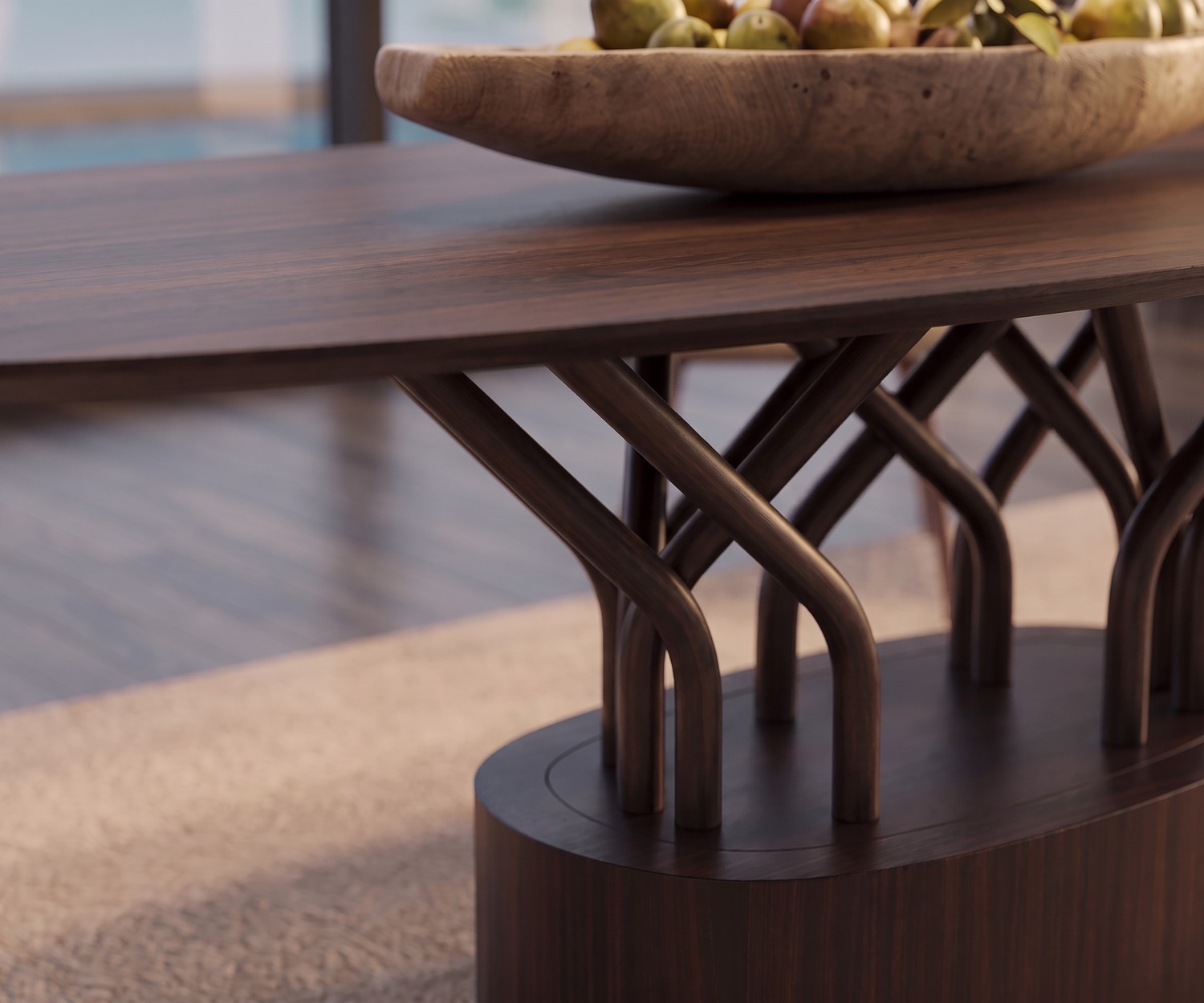 al2 wood-oo 001 a design eettafel met gebogen onderstel Wood-oo 001 a eettafel voor de eetkamer van donker fineerhout met een elegant gebogen onderstel in modern design.