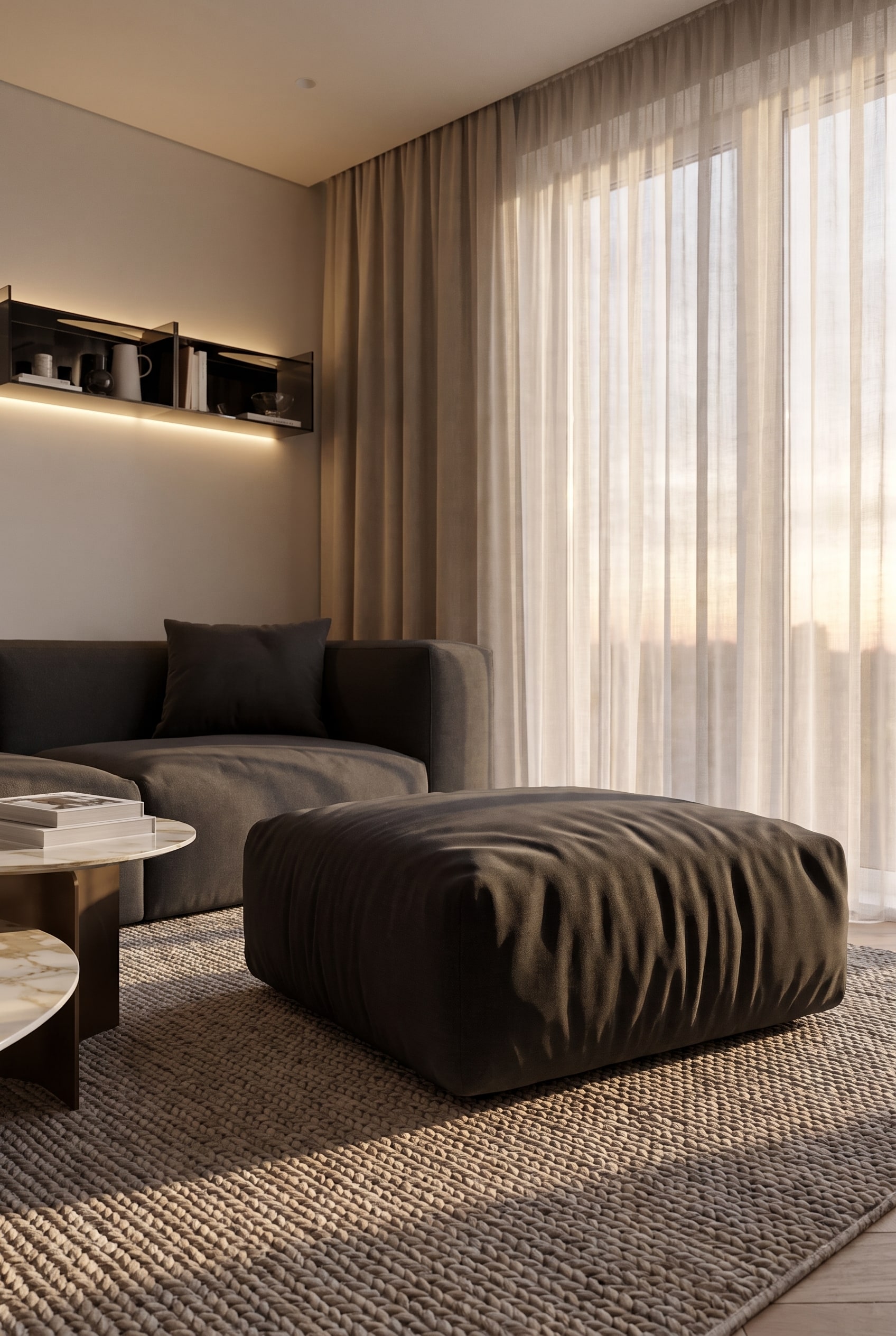 Espace de vie avec de grandes fenêtres et un pouf en tissu volumineux, semblable à un coussin, en gris foncé, placé sur un tapis doux.