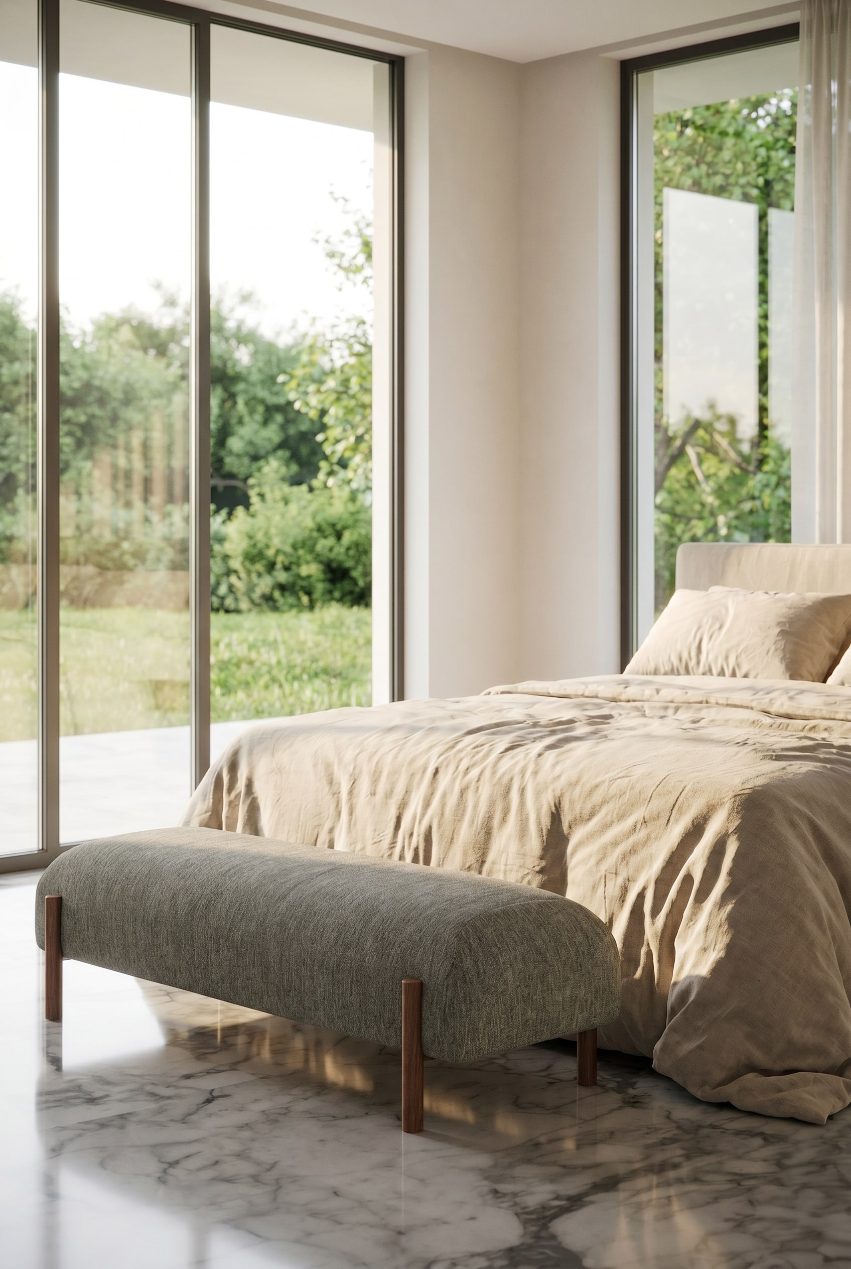 Banc de bout de lit beige, de forme organique, dans une chambre minimaliste et lumineuse