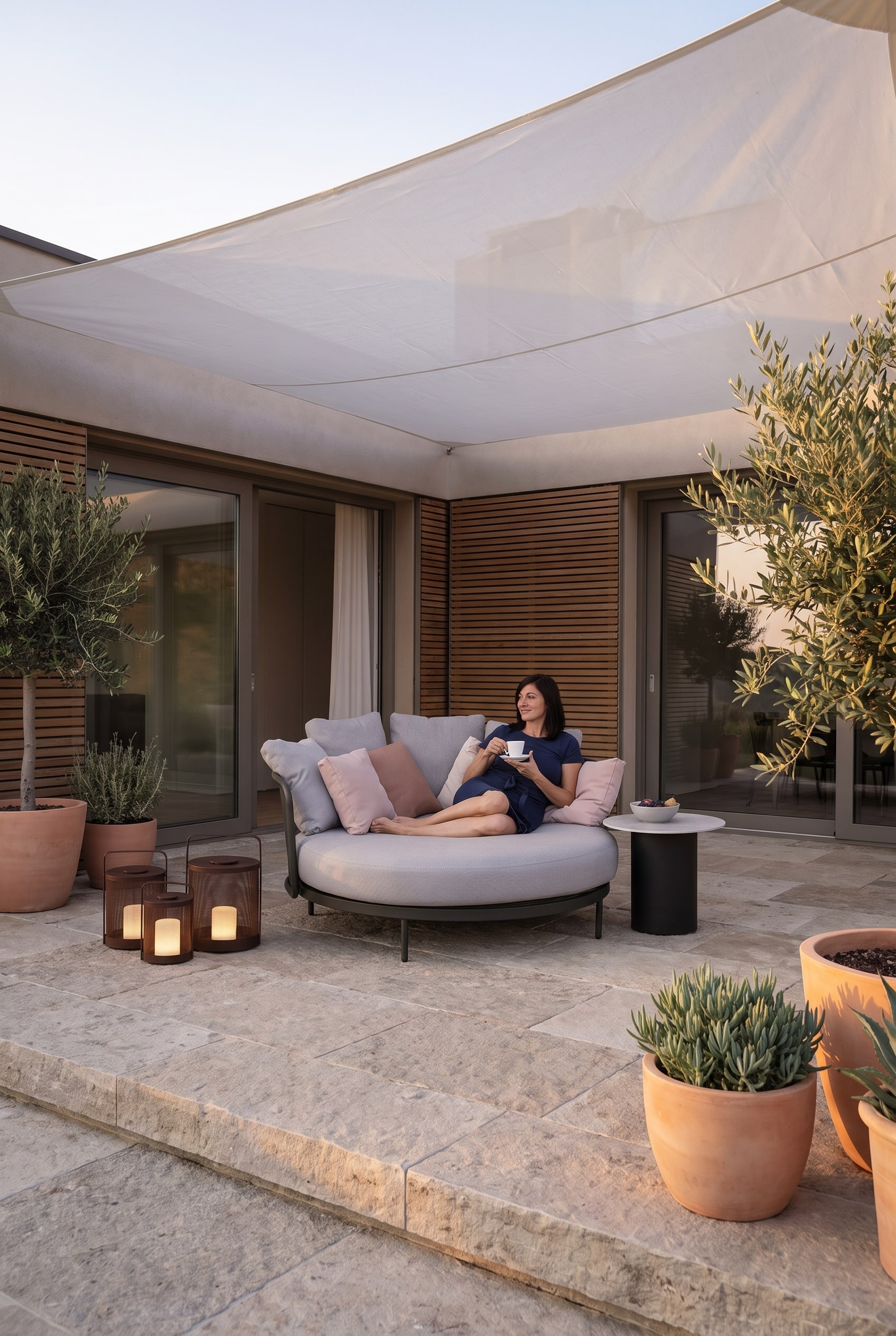 Terrasse en pierre naturelle ensoleill&eacute;e avec un daybed lounge rond gris clair, g&eacute;n&eacute;reusement plac&eacute; &agrave; l'ombre d'une voile d'ombrage blanche