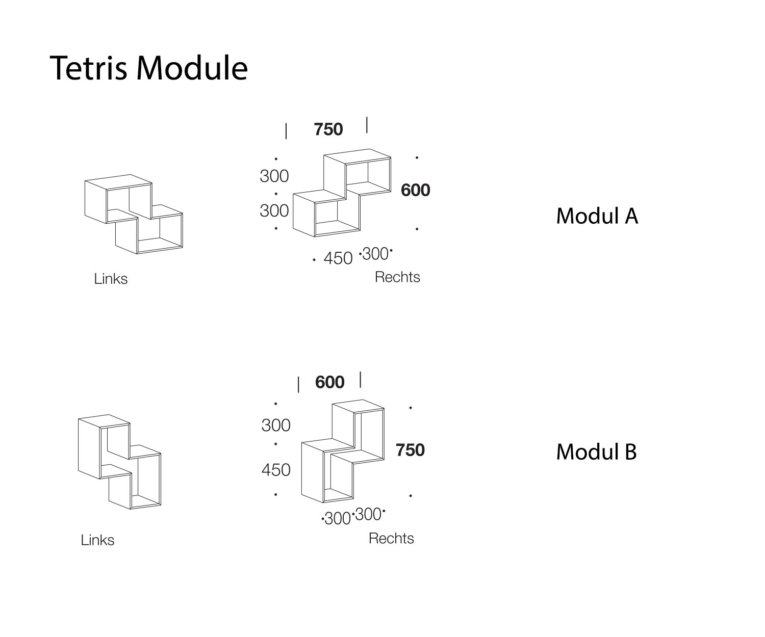 Livitalia Tetris legbordmodules A en B schetsafmetingen